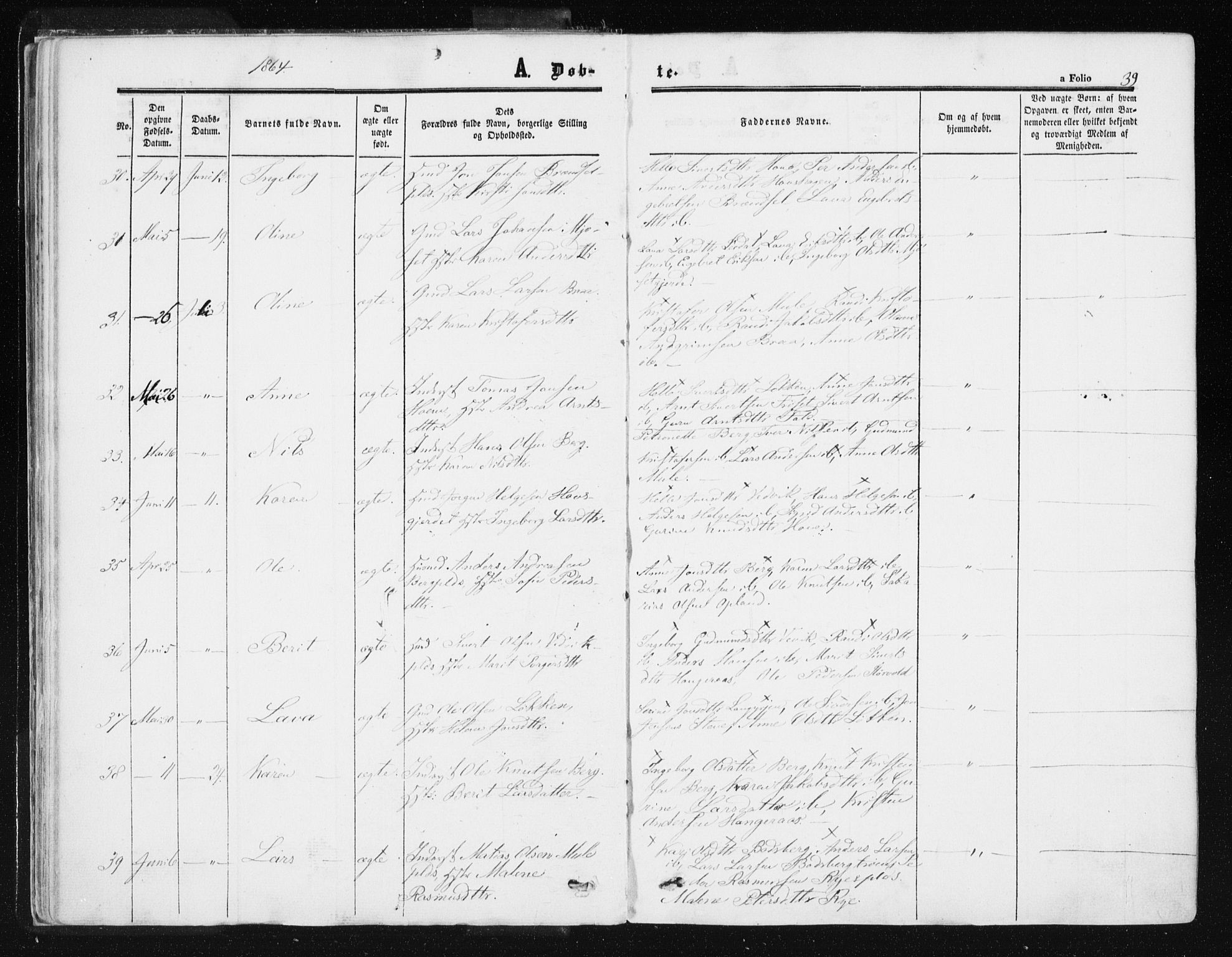 Ministerialprotokoller, klokkerbøker og fødselsregistre - Sør-Trøndelag, AV/SAT-A-1456/612/L0377: Parish register (official) no. 612A09, 1859-1877, p. 39