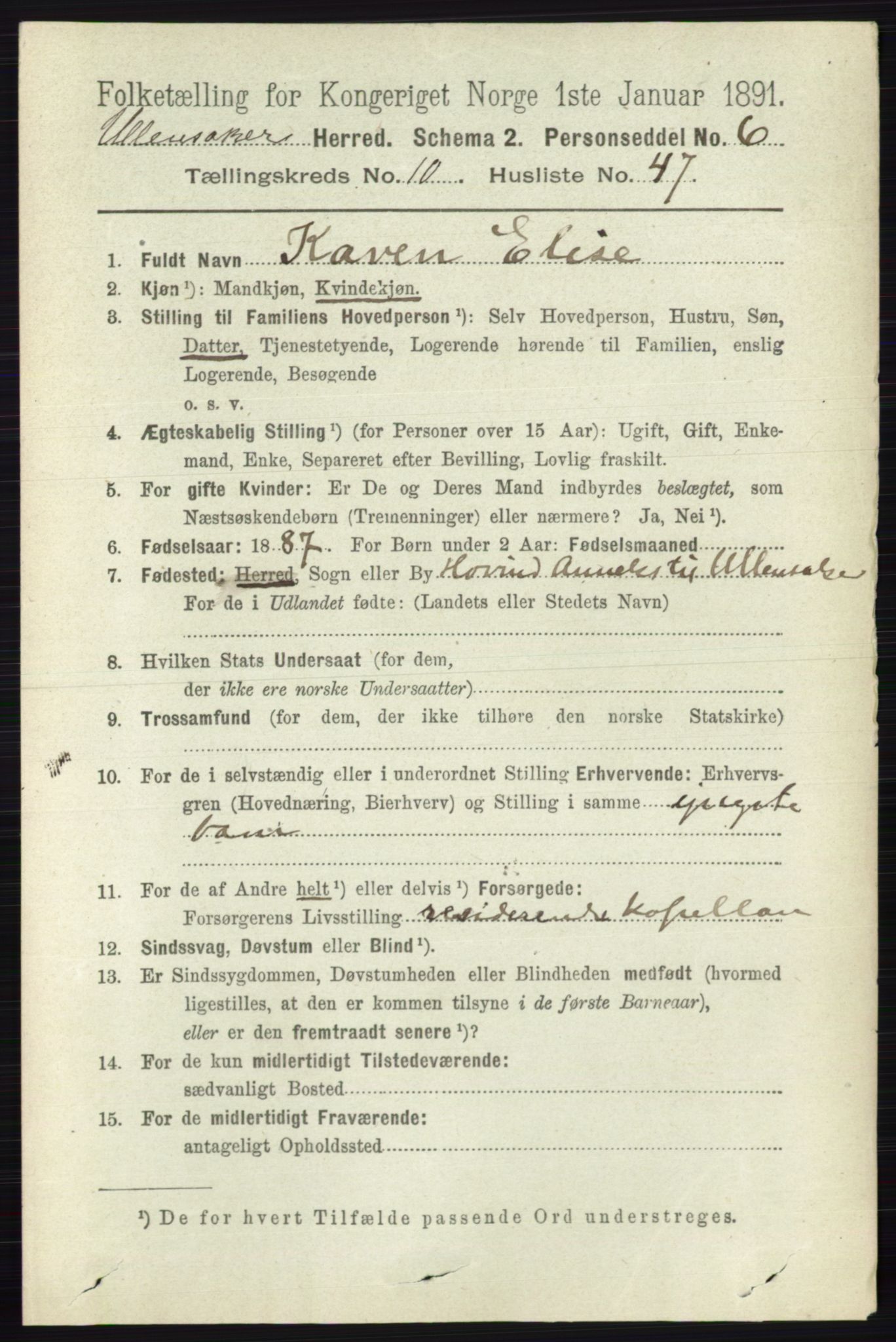 RA, 1891 census for 0235 Ullensaker, 1891, p. 4800