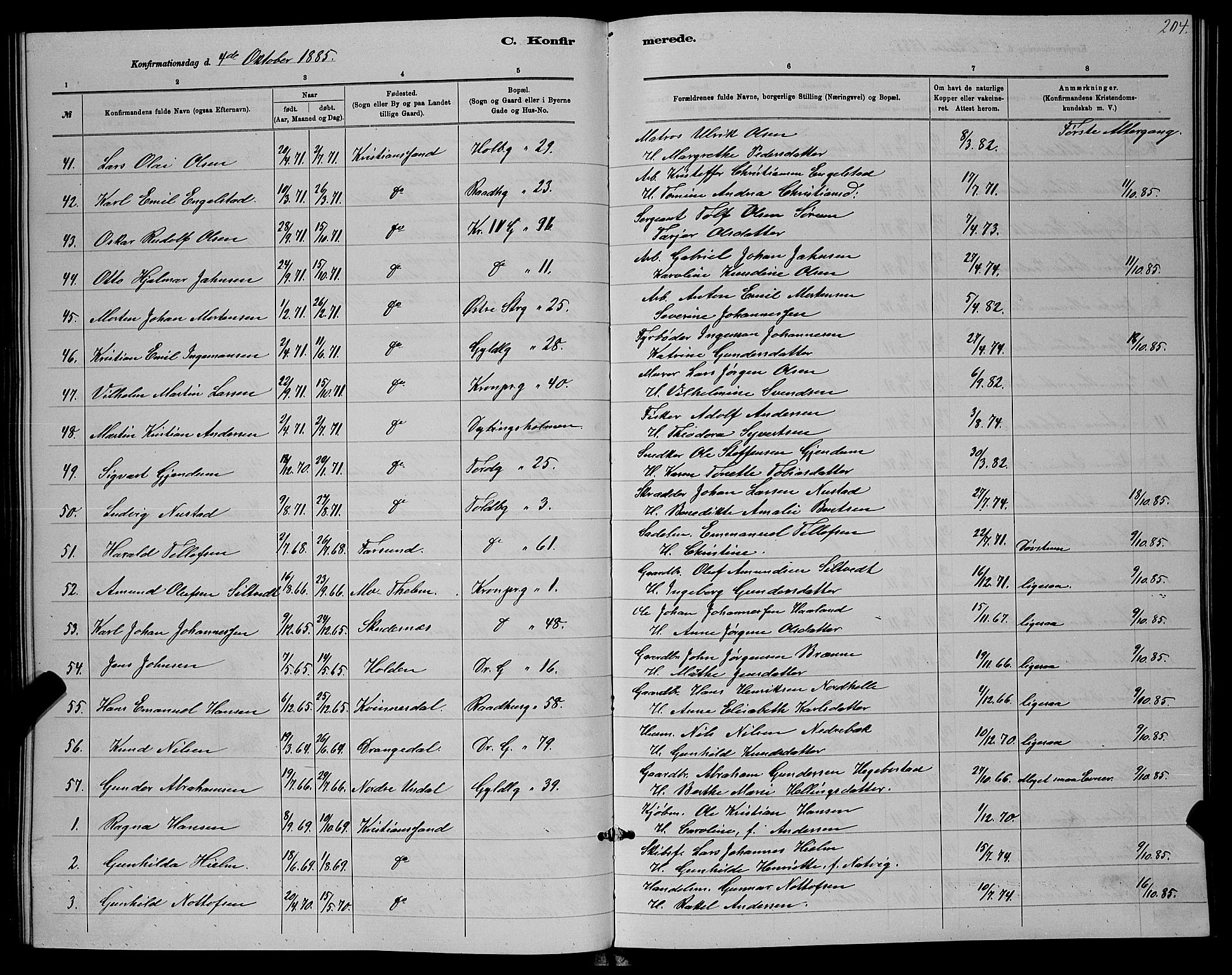 Kristiansand domprosti, AV/SAK-1112-0006/F/Fb/L0016: Parish register (copy) no. B 16, 1881-1893, p. 204