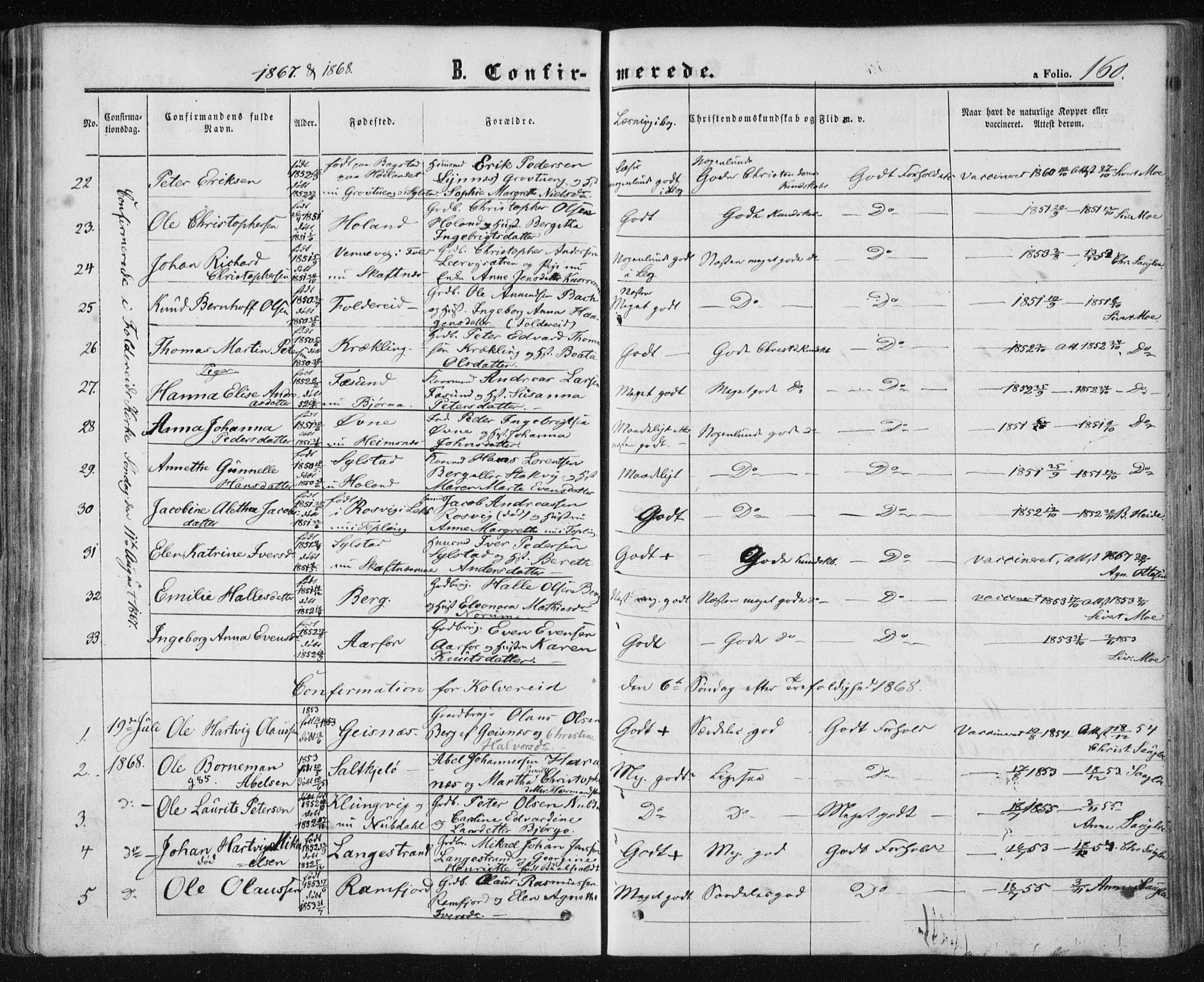 Ministerialprotokoller, klokkerbøker og fødselsregistre - Nord-Trøndelag, AV/SAT-A-1458/780/L0641: Parish register (official) no. 780A06, 1857-1874, p. 160