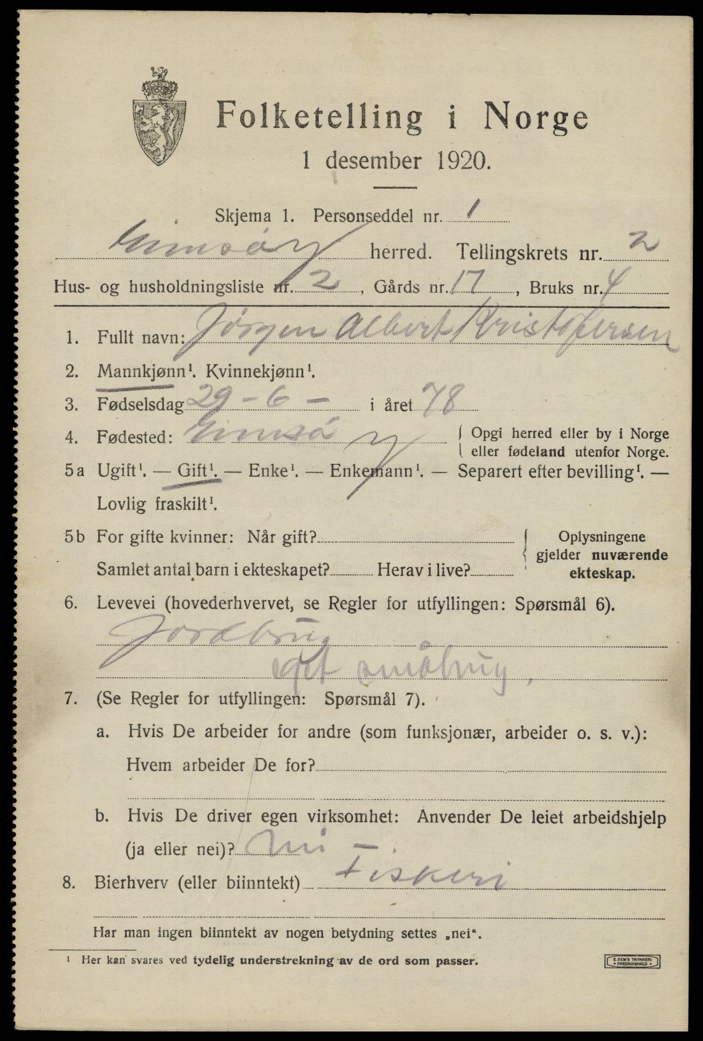 SAT, 1920 census for Gimsøy, 1920, p. 1299