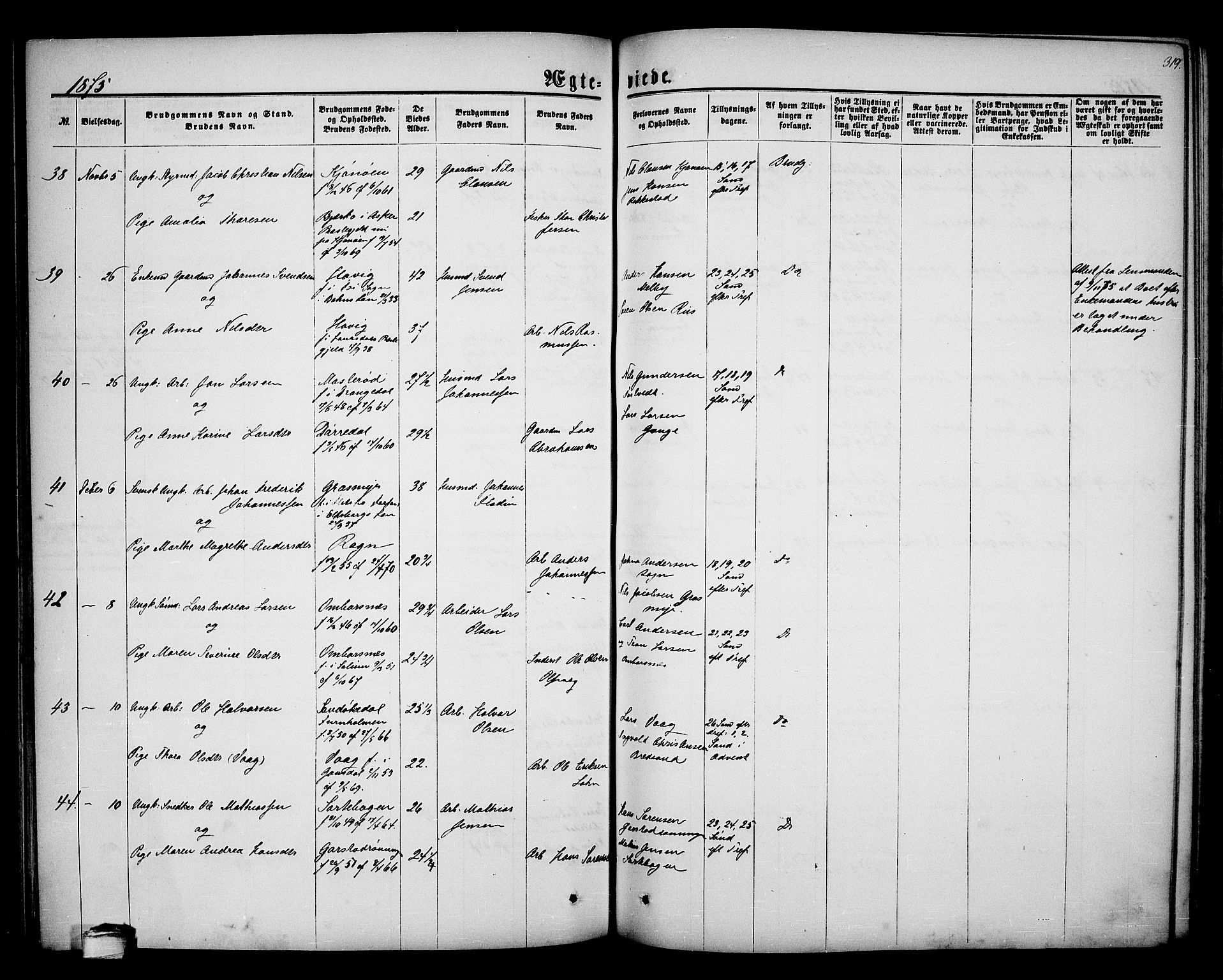 Bamble kirkebøker, AV/SAKO-A-253/G/Ga/L0006: Parish register (copy) no. I 6, 1860-1876, p. 319