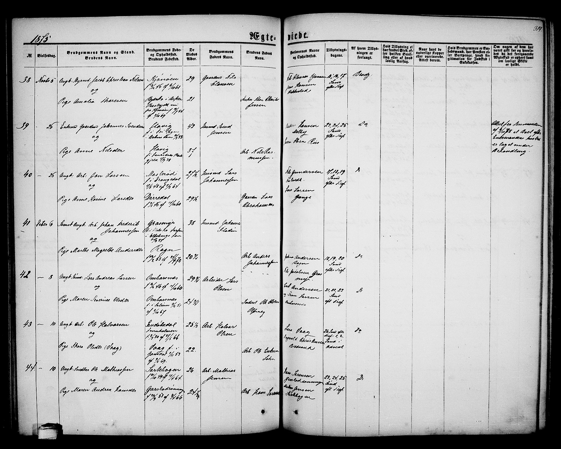 Bamble kirkebøker, AV/SAKO-A-253/G/Ga/L0006: Parish register (copy) no. I 6, 1860-1876, p. 319