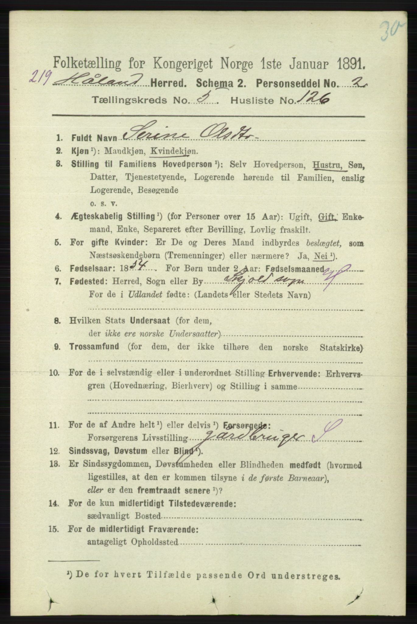 RA, 1891 census for 1124 Haaland, 1891, p. 4054