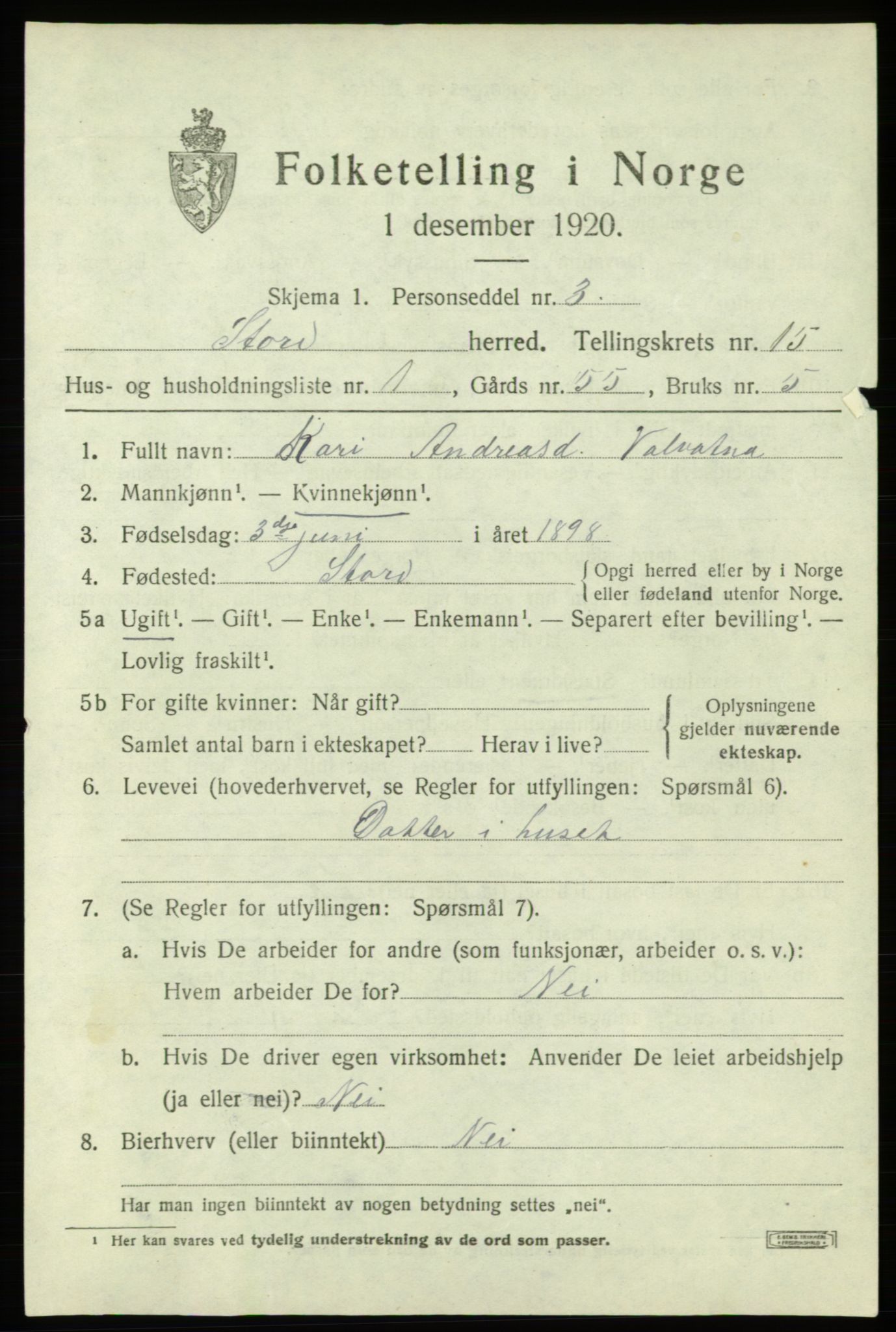 SAB, 1920 census for Stord, 1920, p. 8209