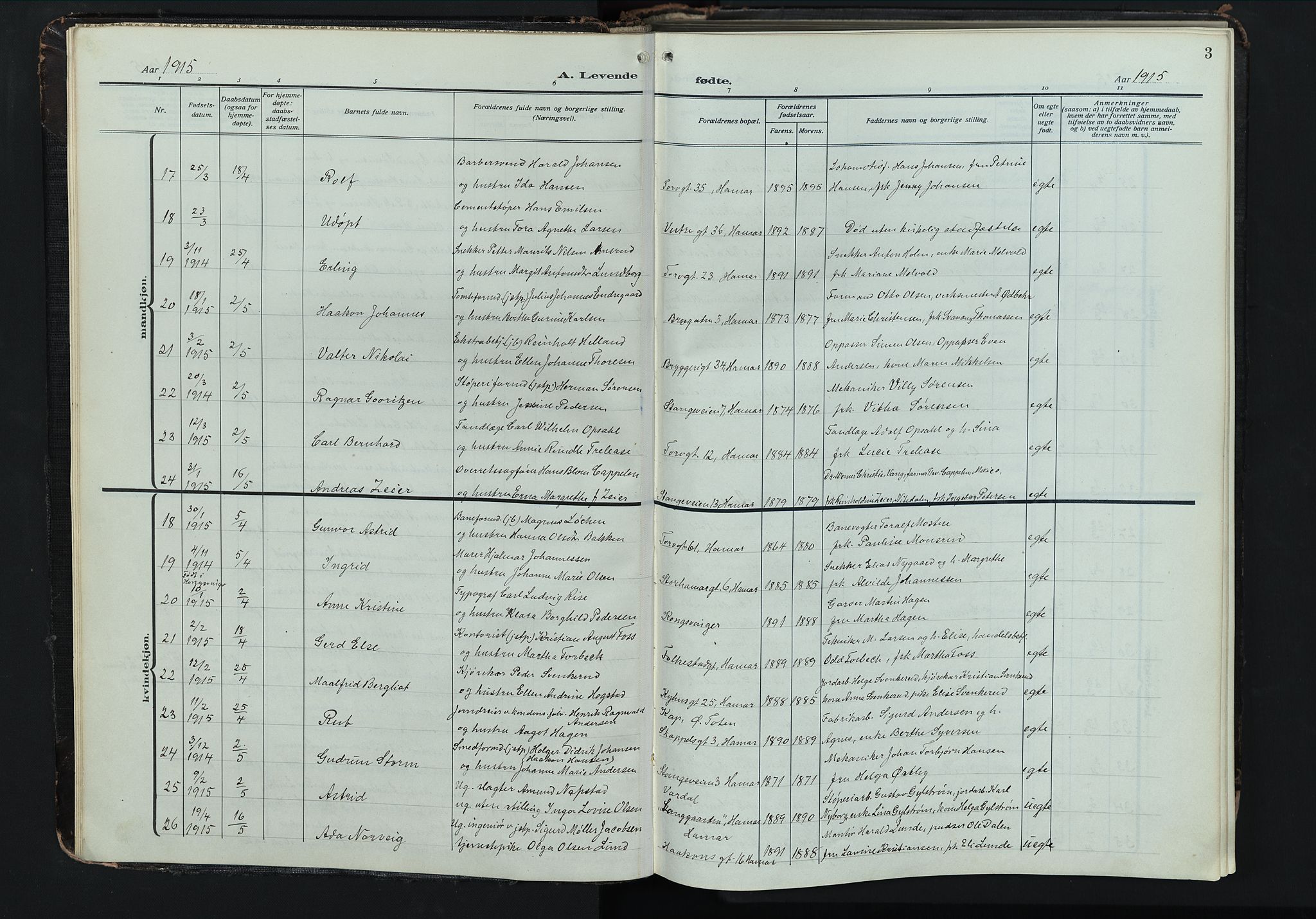 Hamar prestekontor, AV/SAH-DOMPH-002/H/Ha/Hab/L0004: Parish register (copy) no. 4, 1915-1942, p. 3