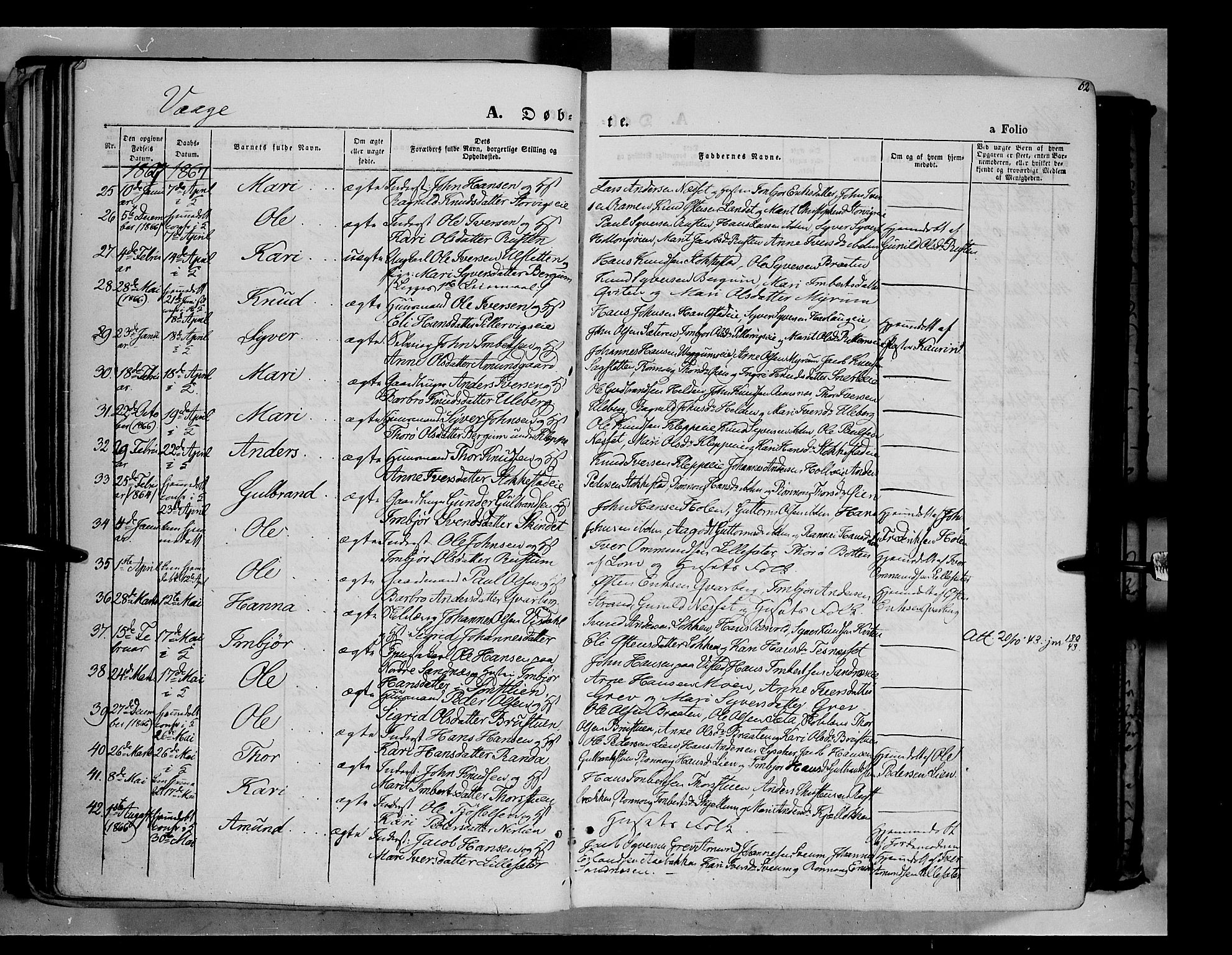 Vågå prestekontor, SAH/PREST-076/H/Ha/Haa/L0006: Parish register (official) no. 6 /1, 1856-1872, p. 62