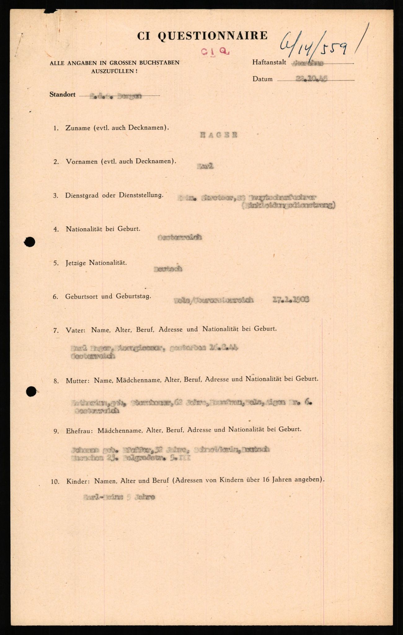 Forsvaret, Forsvarets overkommando II, RA/RAFA-3915/D/Db/L0011: CI Questionaires. Tyske okkupasjonsstyrker i Norge. Tyskere., 1945-1946, p. 296