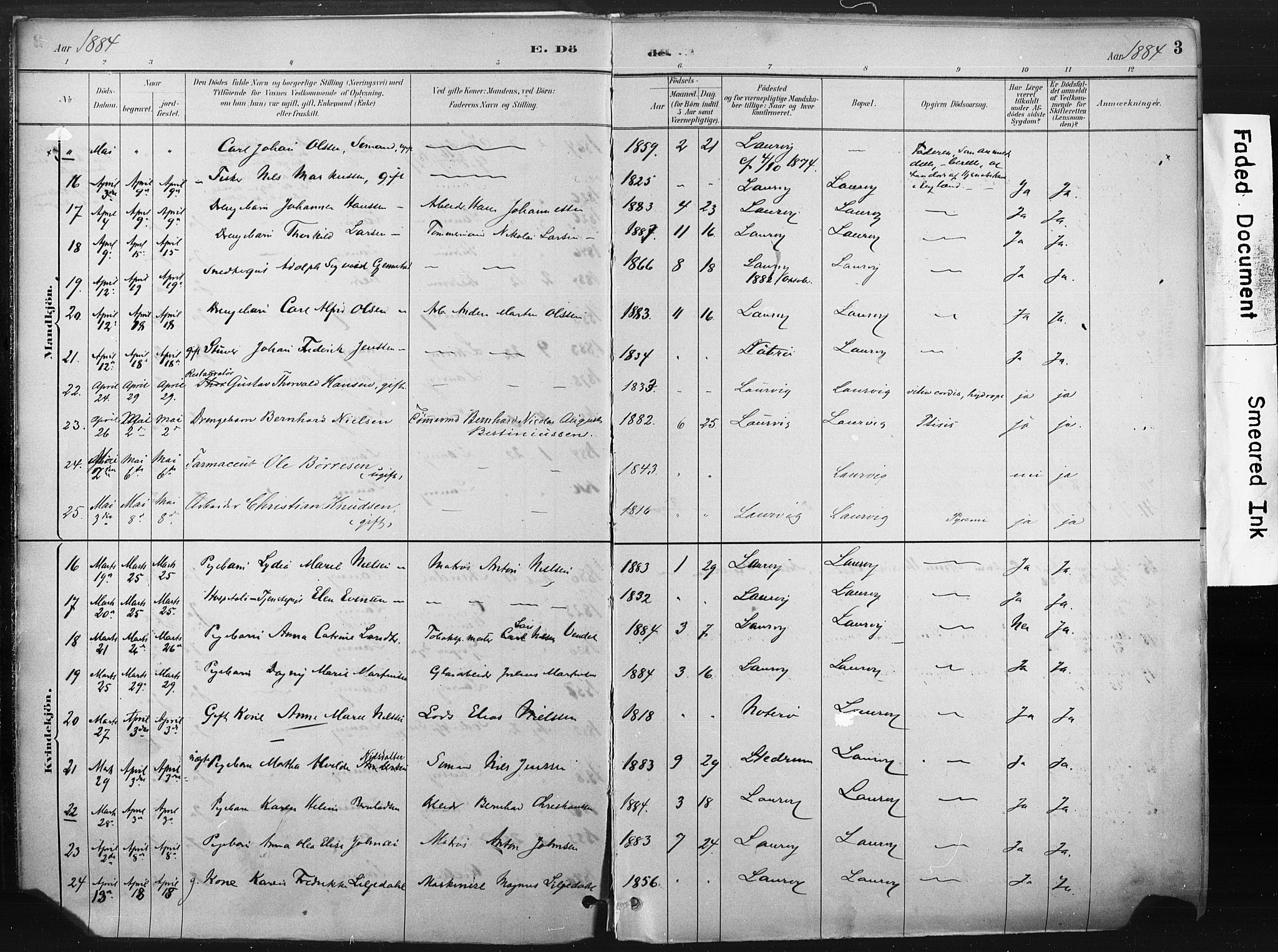 Larvik kirkebøker, AV/SAKO-A-352/F/Fa/L0010: Parish register (official) no. I 10, 1884-1910, p. 3