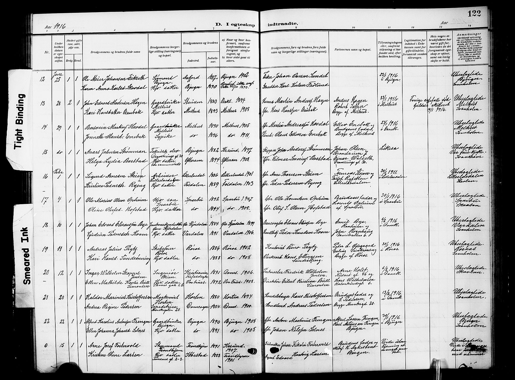 Ministerialprotokoller, klokkerbøker og fødselsregistre - Sør-Trøndelag, SAT/A-1456/601/L0097: Parish register (copy) no. 601C15, 1911-1921, p. 122