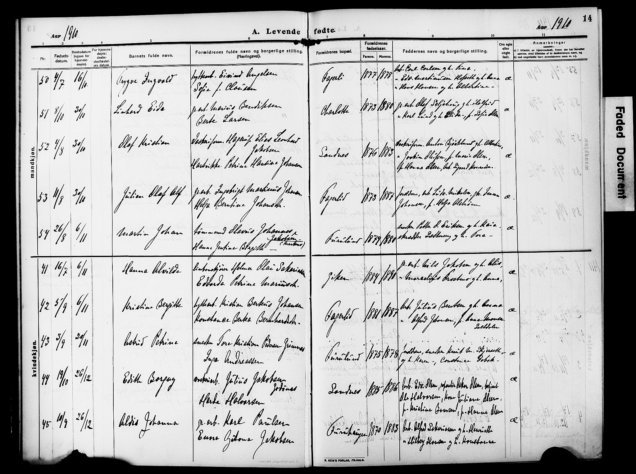 Ministerialprotokoller, klokkerbøker og fødselsregistre - Nordland, AV/SAT-A-1459/850/L0710: Parish register (official) no. 850A02, 1910-1920, p. 14