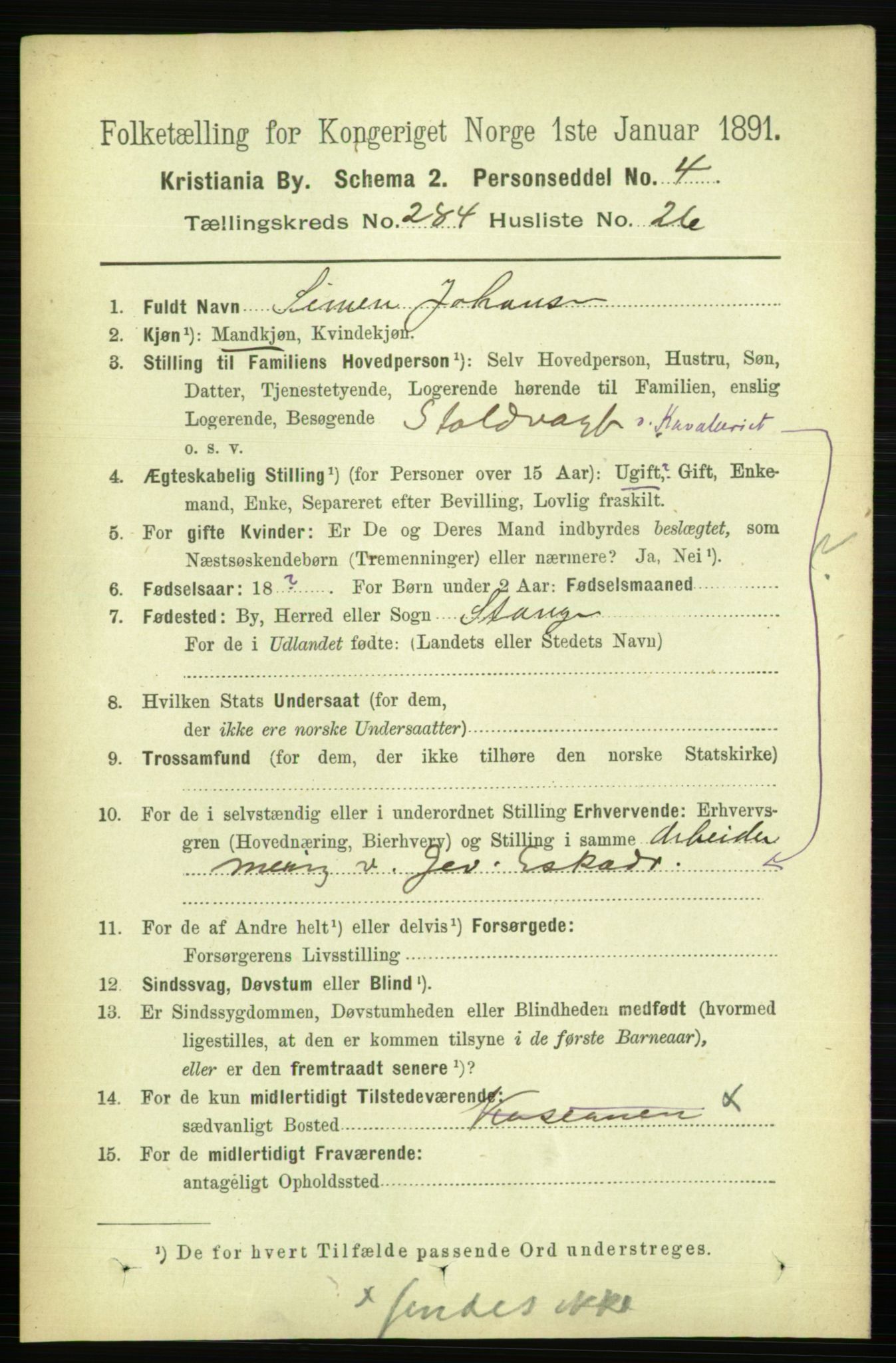 RA, 1891 census for 0301 Kristiania, 1891, p. 174126