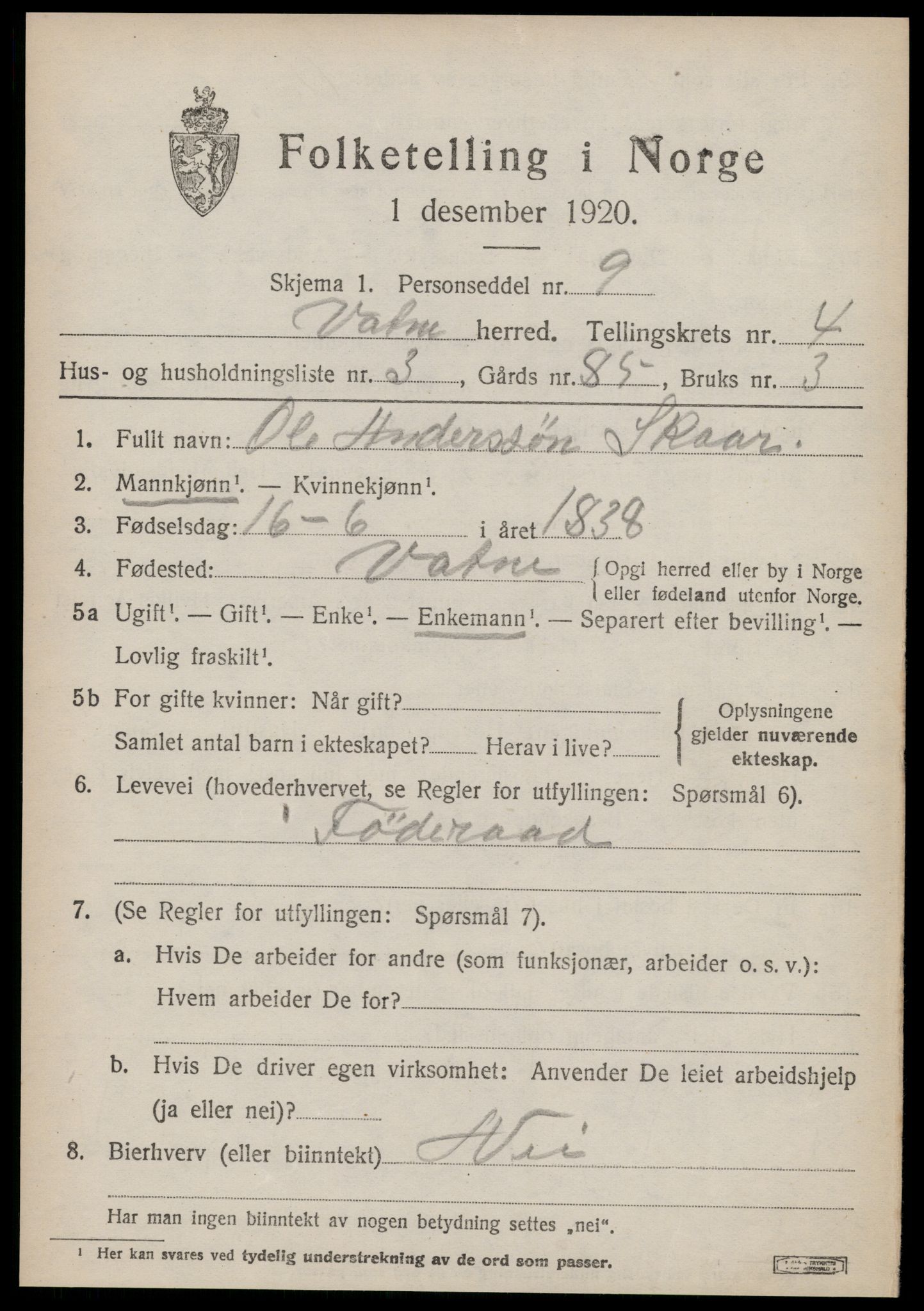 SAT, 1920 census for Vatne, 1920, p. 1854