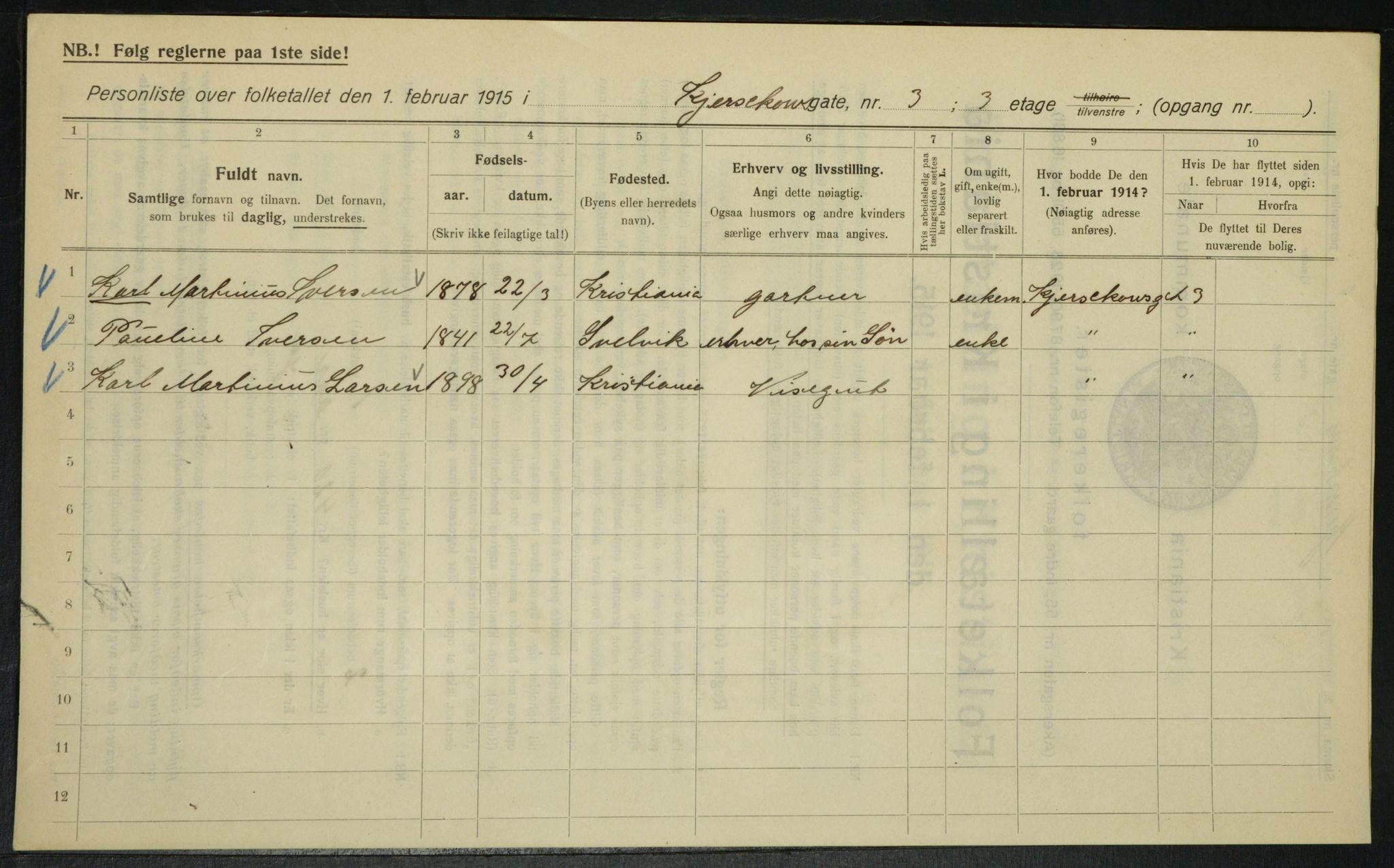 OBA, Municipal Census 1915 for Kristiania, 1915, p. 48952