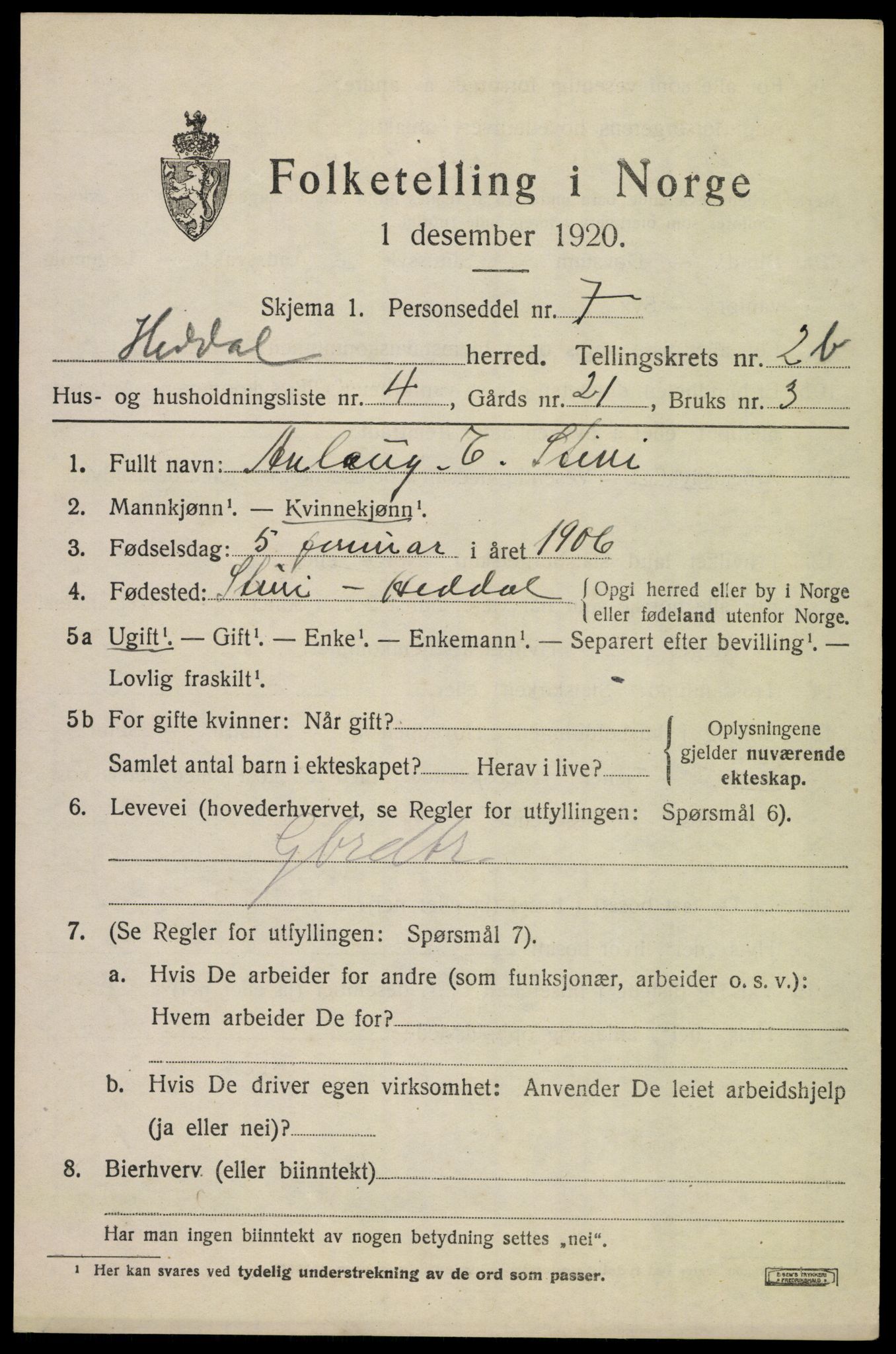 SAKO, 1920 census for Heddal, 1920, p. 3010