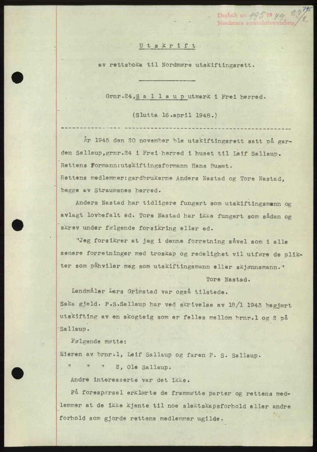 Nordmøre sorenskriveri, AV/SAT-A-4132/1/2/2Ca: Mortgage book no. A110, 1948-1949, Diary no: : 495/1949