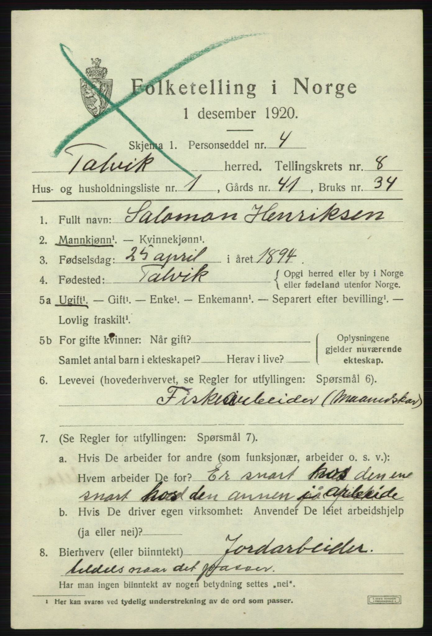 SATØ, 1920 census for Talvik, 1920, p. 4984