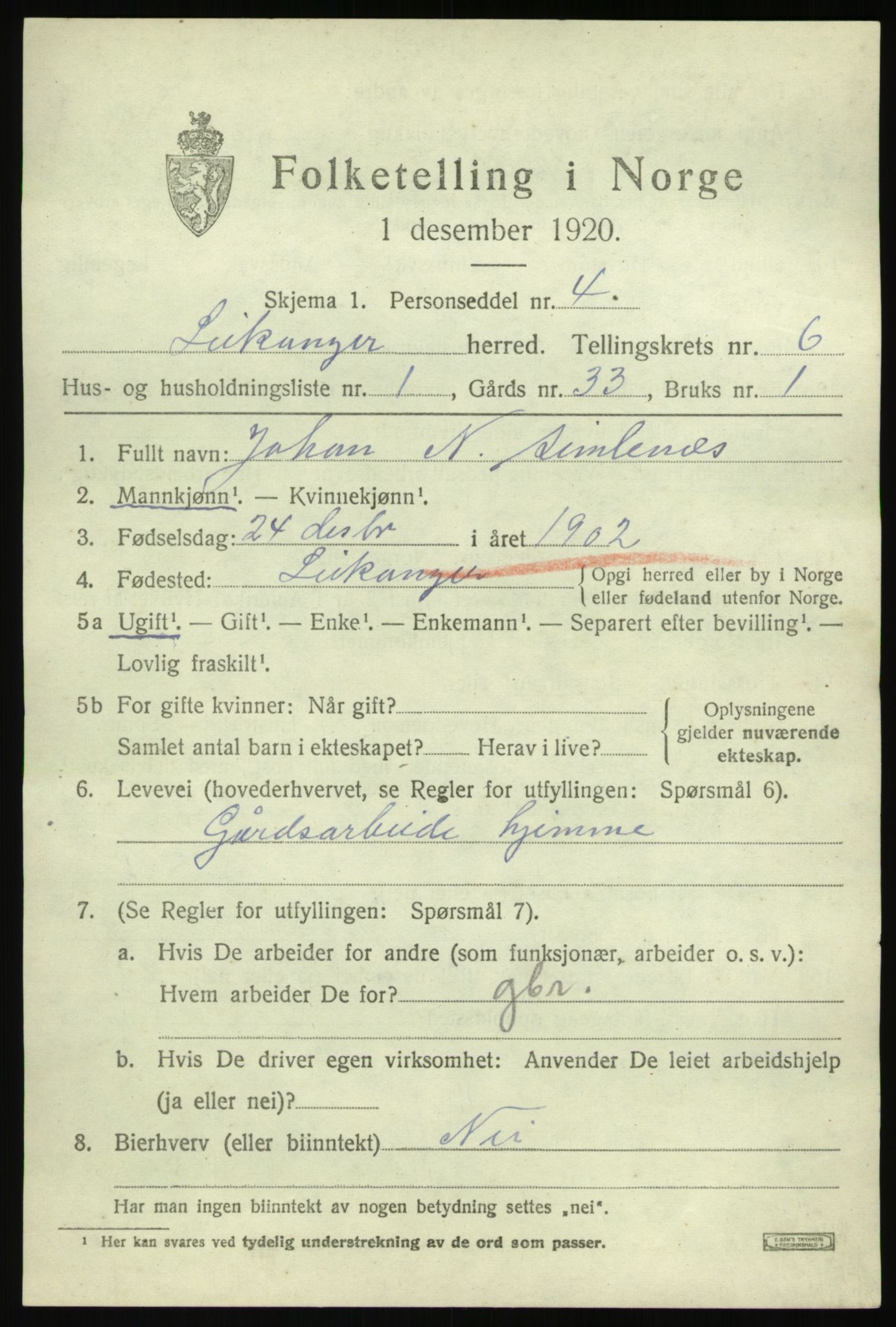 SAB, 1920 census for Leikanger, 1920, p. 3820