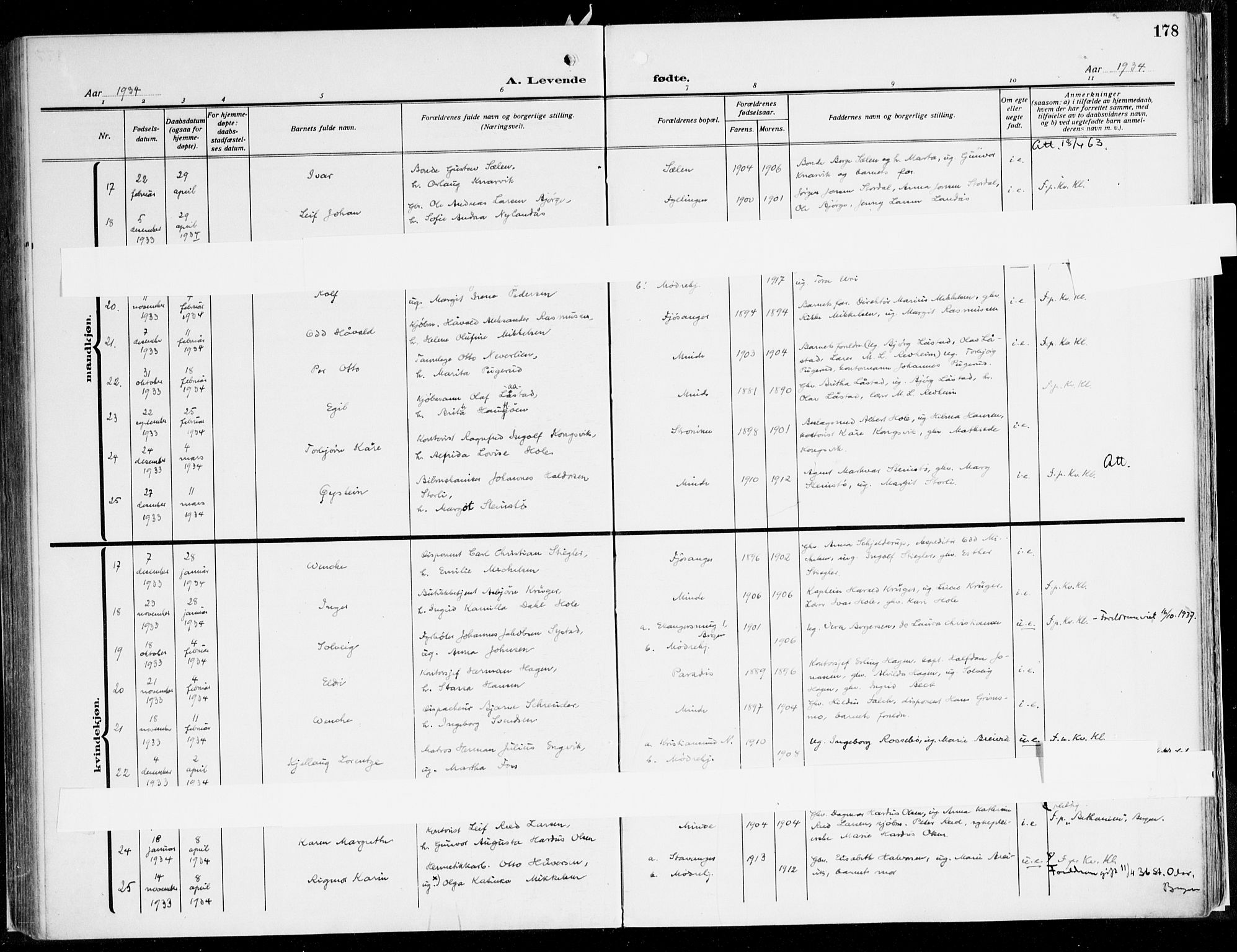 Fana Sokneprestembete, AV/SAB-A-75101/H/Haa/Haaj/L0001: Parish register (official) no. J 1, 1921-1935, p. 178