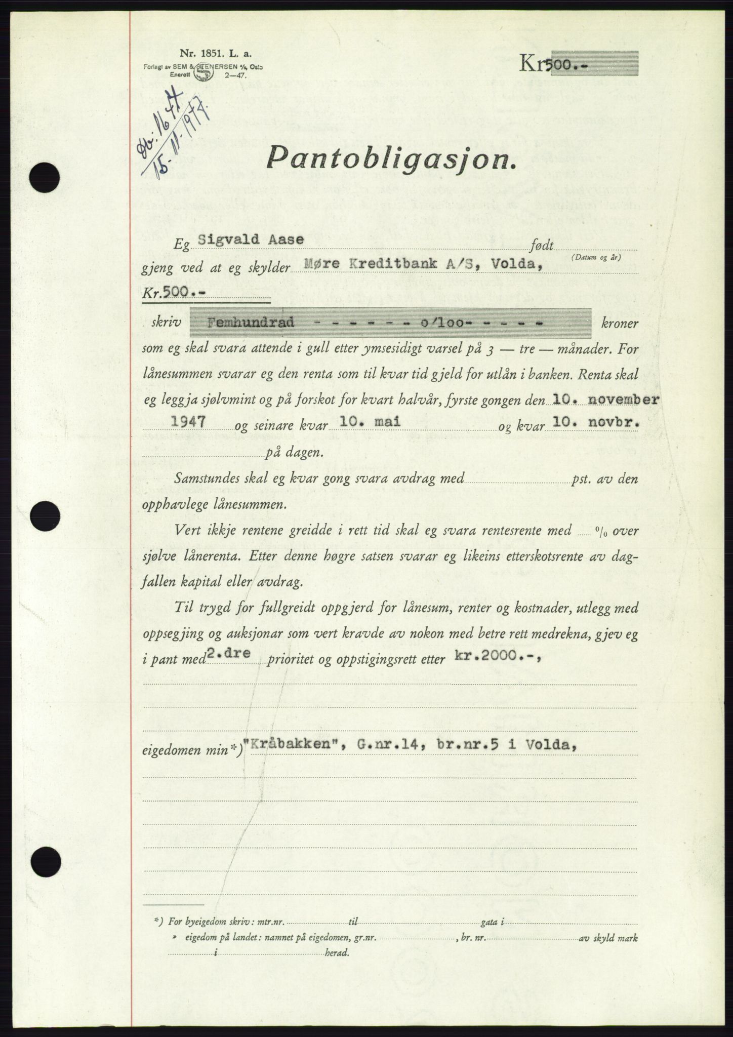 Søre Sunnmøre sorenskriveri, AV/SAT-A-4122/1/2/2C/L0115: Mortgage book no. 3B, 1947-1948, Diary no: : 1641/1947