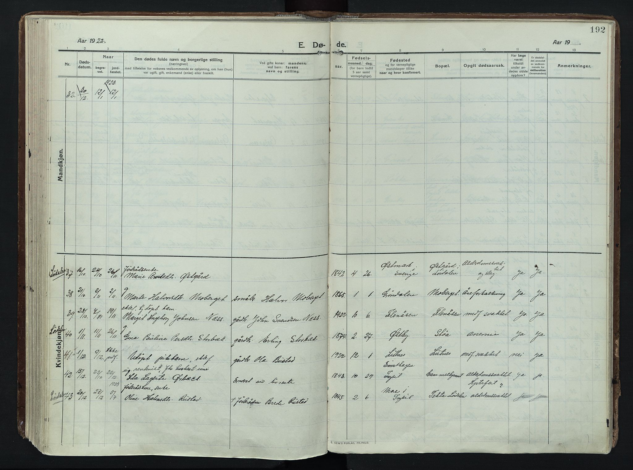 Trysil prestekontor, AV/SAH-PREST-046/H/Ha/Haa/L0014: Parish register (official) no. 14, 1912-1923, p. 192