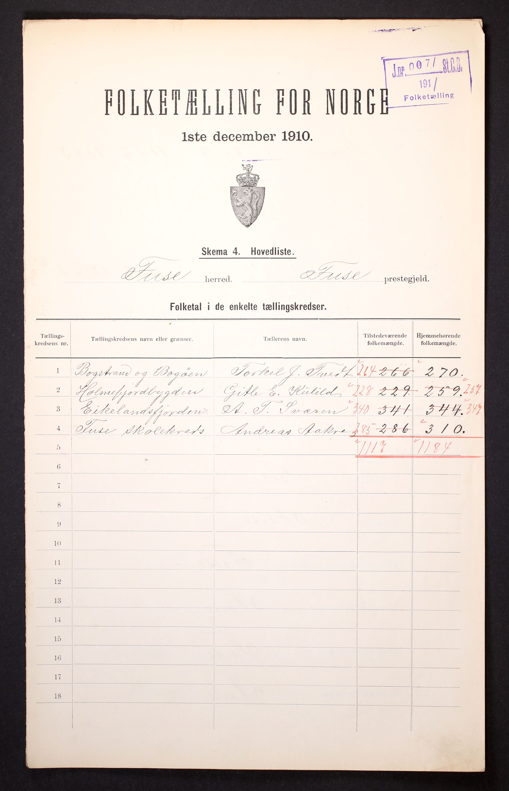 RA, 1910 census for Fusa, 1910, p. 2