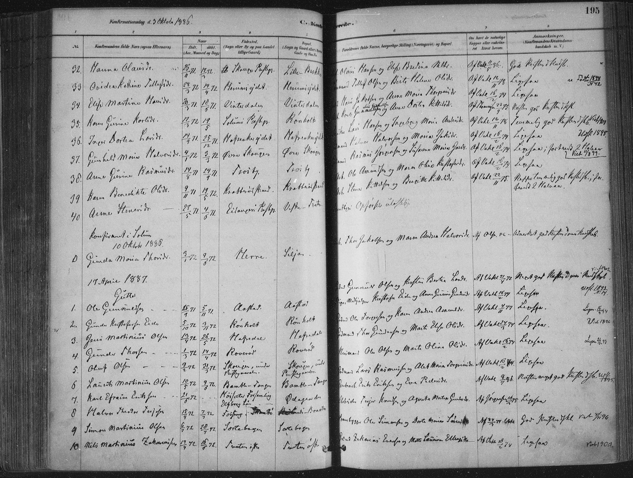 Bamble kirkebøker, SAKO/A-253/F/Fa/L0007: Parish register (official) no. I 7, 1878-1888, p. 195