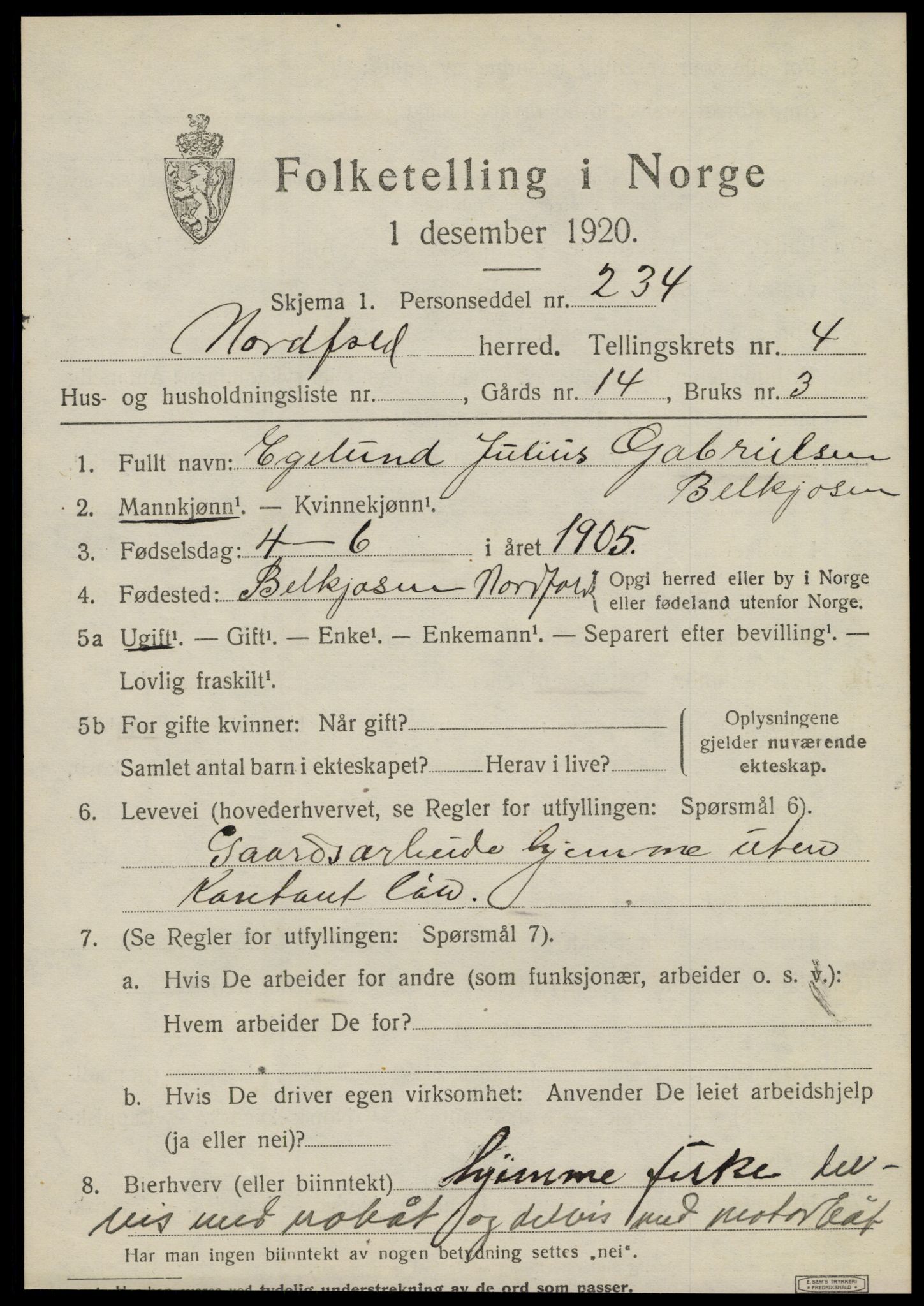 SAT, 1920 census for Nordfold, 1920, p. 2429