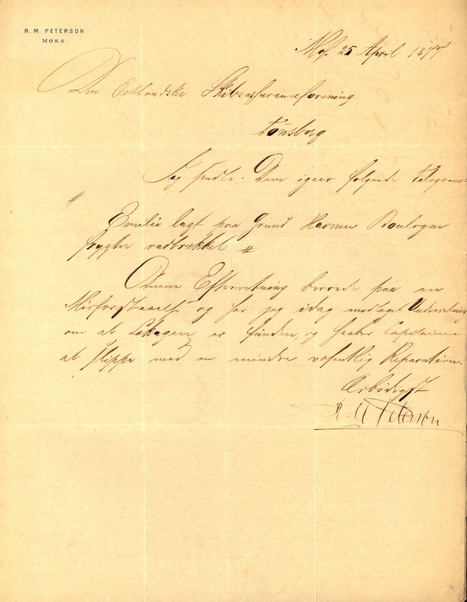 Pa 63 - Østlandske skibsassuranceforening, VEMU/A-1079/G/Ga/L0009/0023: Havaridokumenter / Emilie, 1877