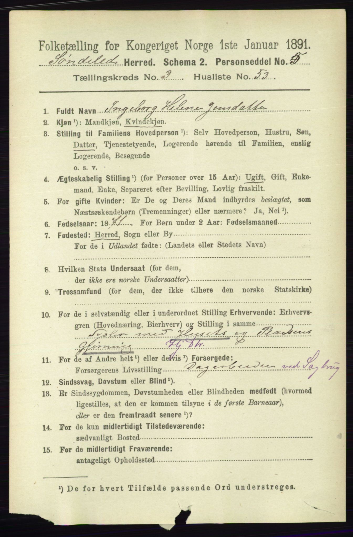 RA, 1891 census for 0913 Søndeled, 1891, p. 873