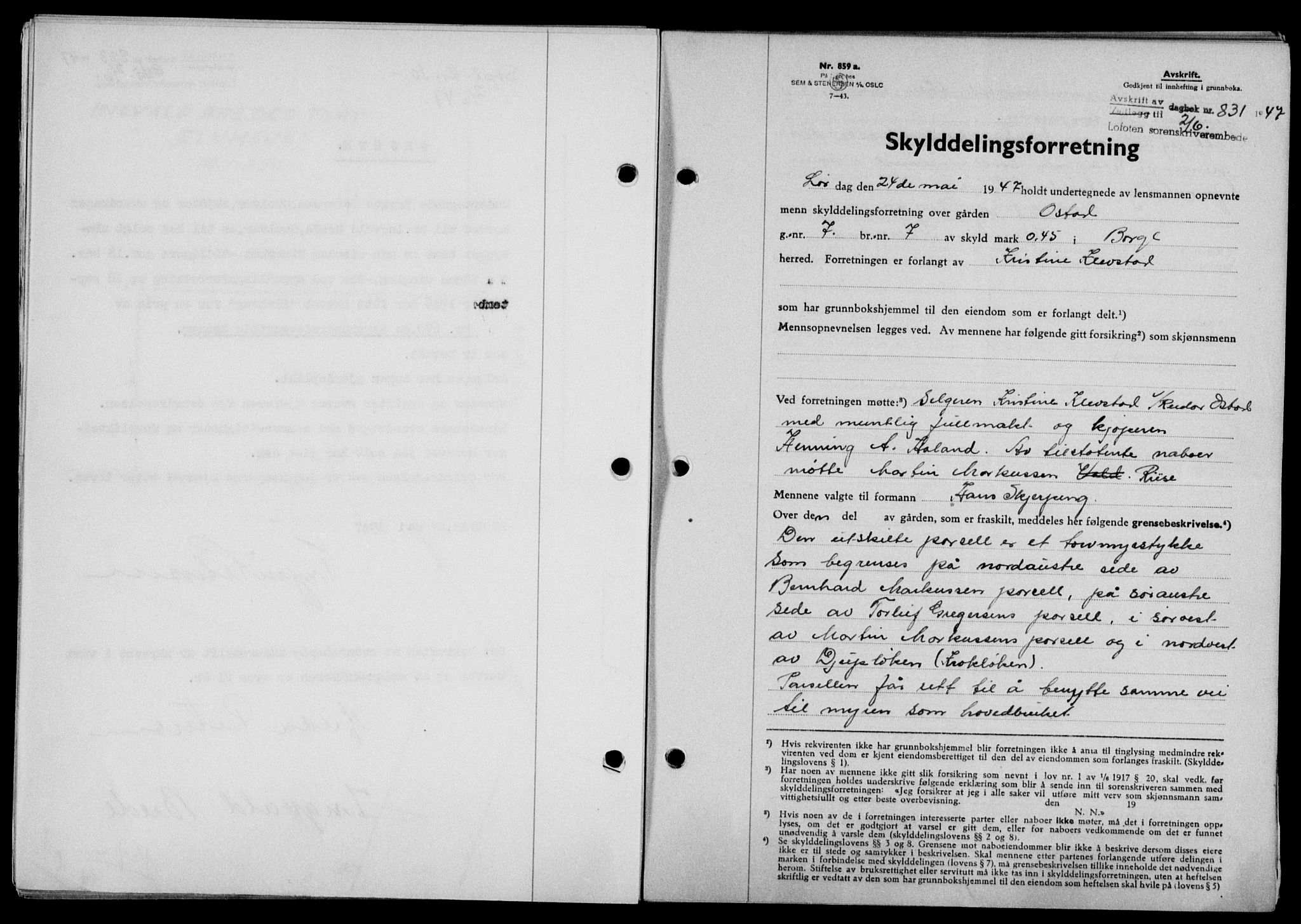 Lofoten sorenskriveri, SAT/A-0017/1/2/2C/L0016a: Mortgage book no. 16a, 1947-1947, Diary no: : 831/1947