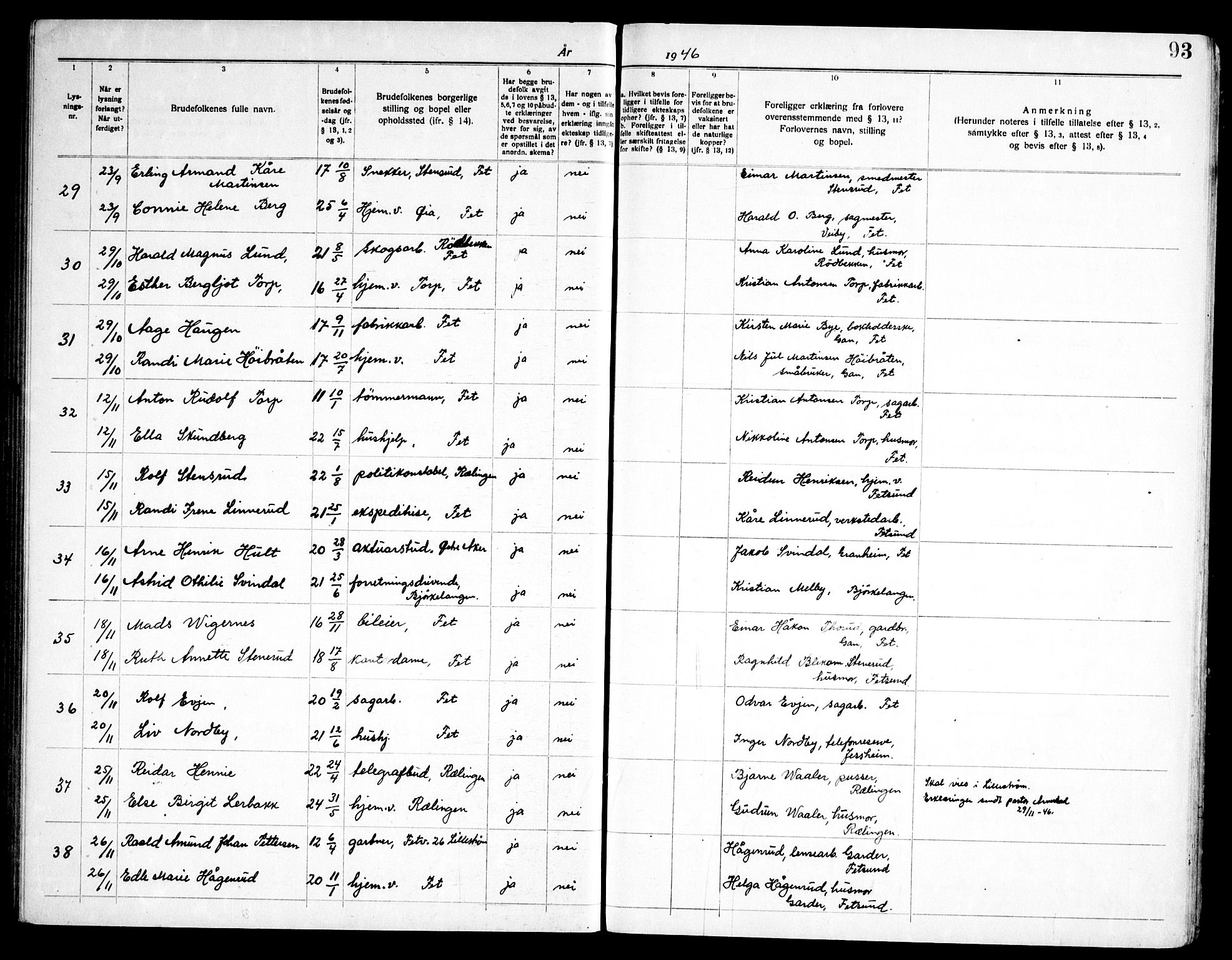 Fet prestekontor Kirkebøker, AV/SAO-A-10370a/H/Ha/L0002: Banns register no. 2, 1919-1948, p. 93