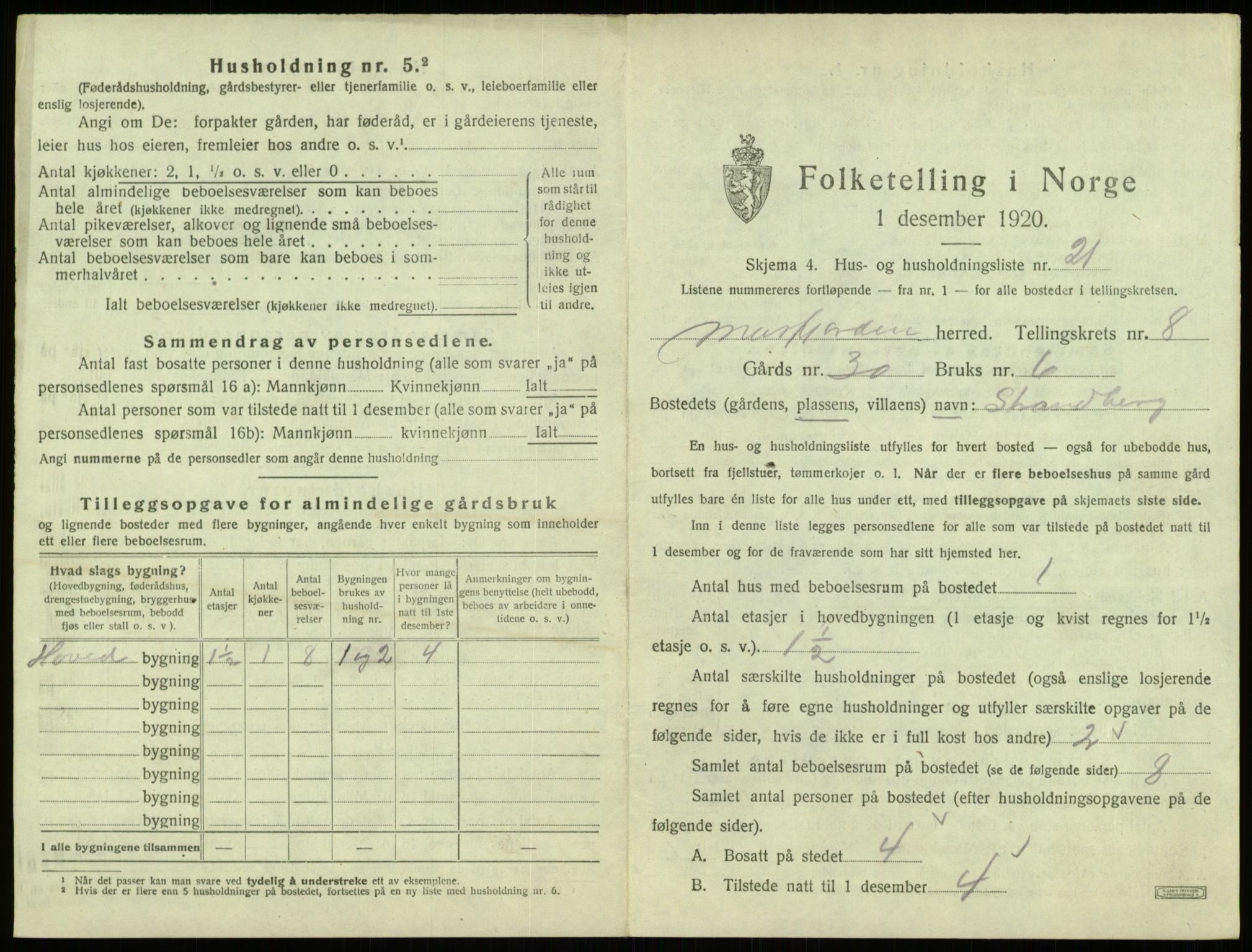 SAB, 1920 census for Masfjorden, 1920, p. 421