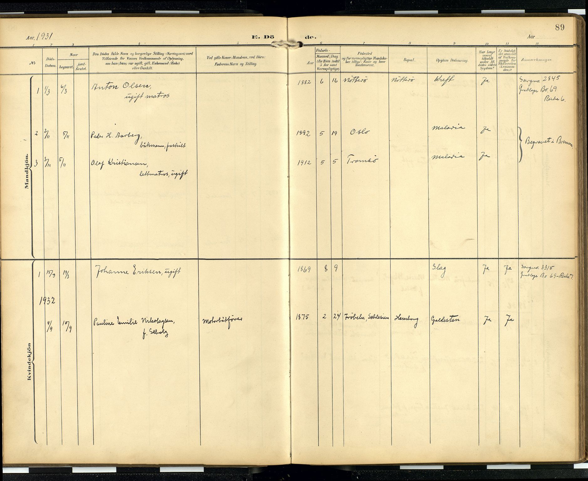 Den norske sjømannsmisjon i utlandet/Hamburg, AV/SAB-SAB/PA-0107/H/Ha/L0001: Parish register (official) no. A 1, 1907-1951, p. 88b-89a