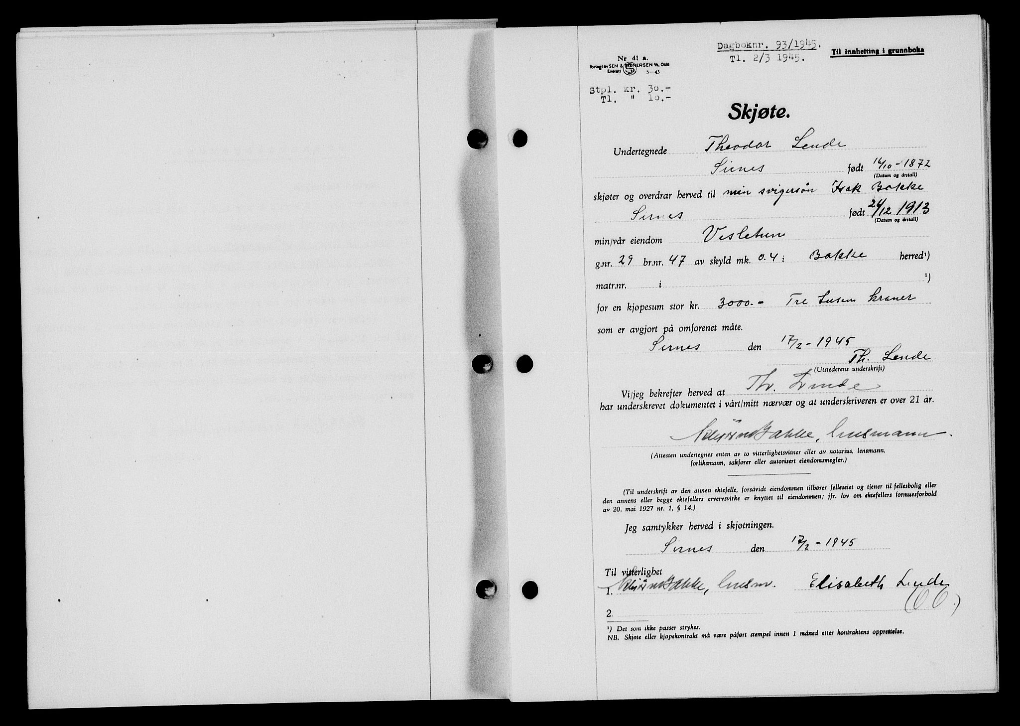 Flekkefjord sorenskriveri, SAK/1221-0001/G/Gb/Gba/L0059: Mortgage book no. A-7, 1944-1945, Diary no: : 93/1945
