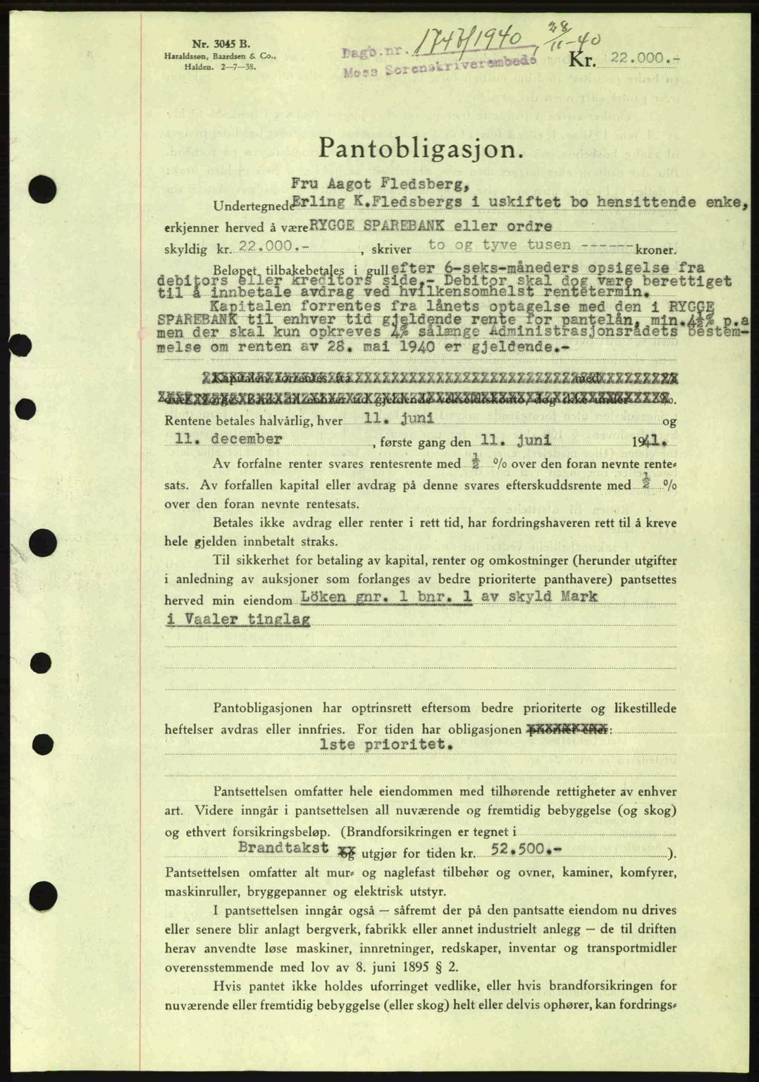 Moss sorenskriveri, SAO/A-10168: Mortgage book no. B10, 1940-1941, Diary no: : 1747/1940