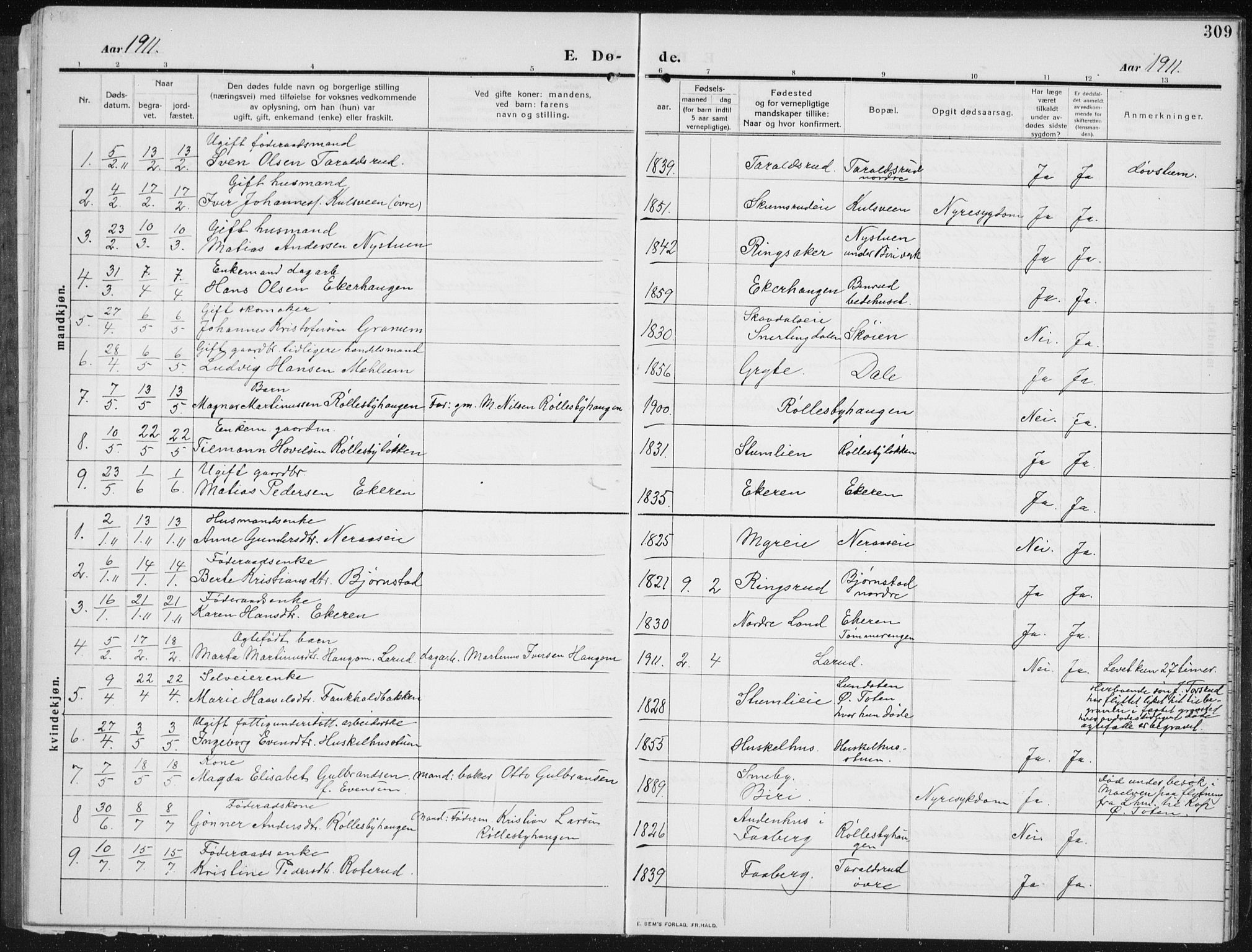 Biri prestekontor, SAH/PREST-096/H/Ha/Hab/L0006: Parish register (copy) no. 6, 1909-1938, p. 309