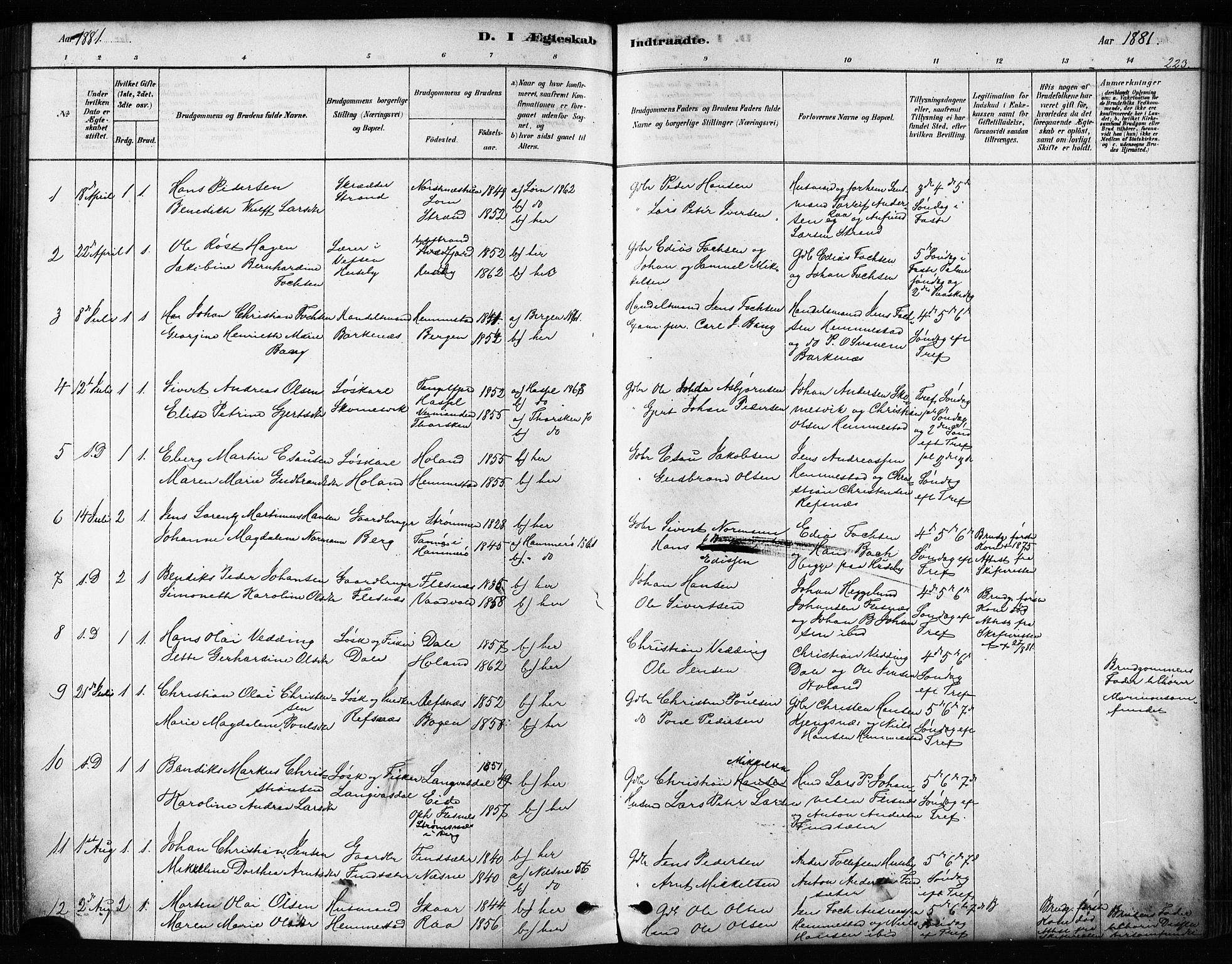 Kvæfjord sokneprestkontor, SATØ/S-1323/G/Ga/Gaa/L0005kirke: Parish register (official) no. 5, 1878-1894, p. 223