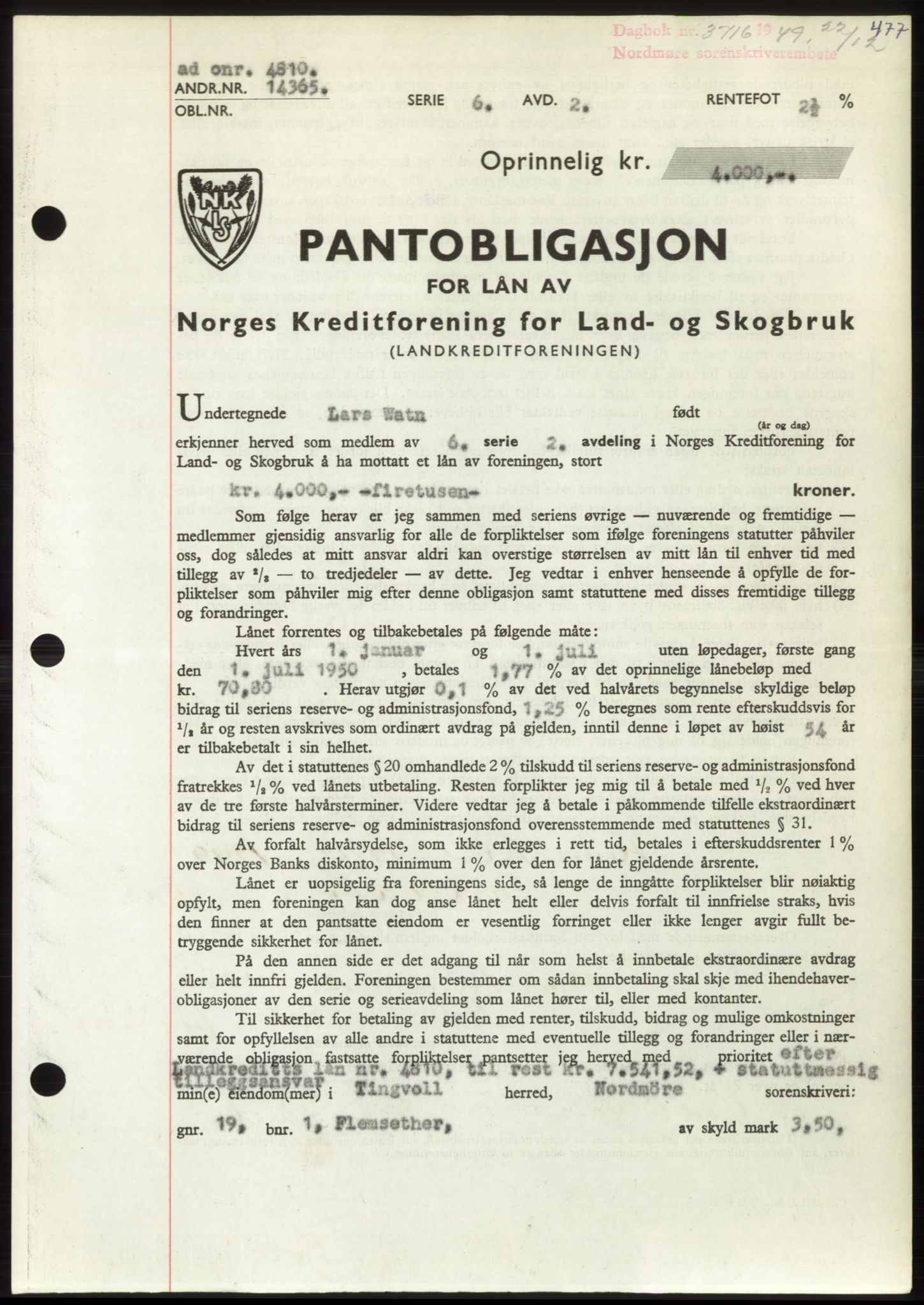 Nordmøre sorenskriveri, AV/SAT-A-4132/1/2/2Ca: Mortgage book no. B103, 1949-1950, Diary no: : 3716/1949