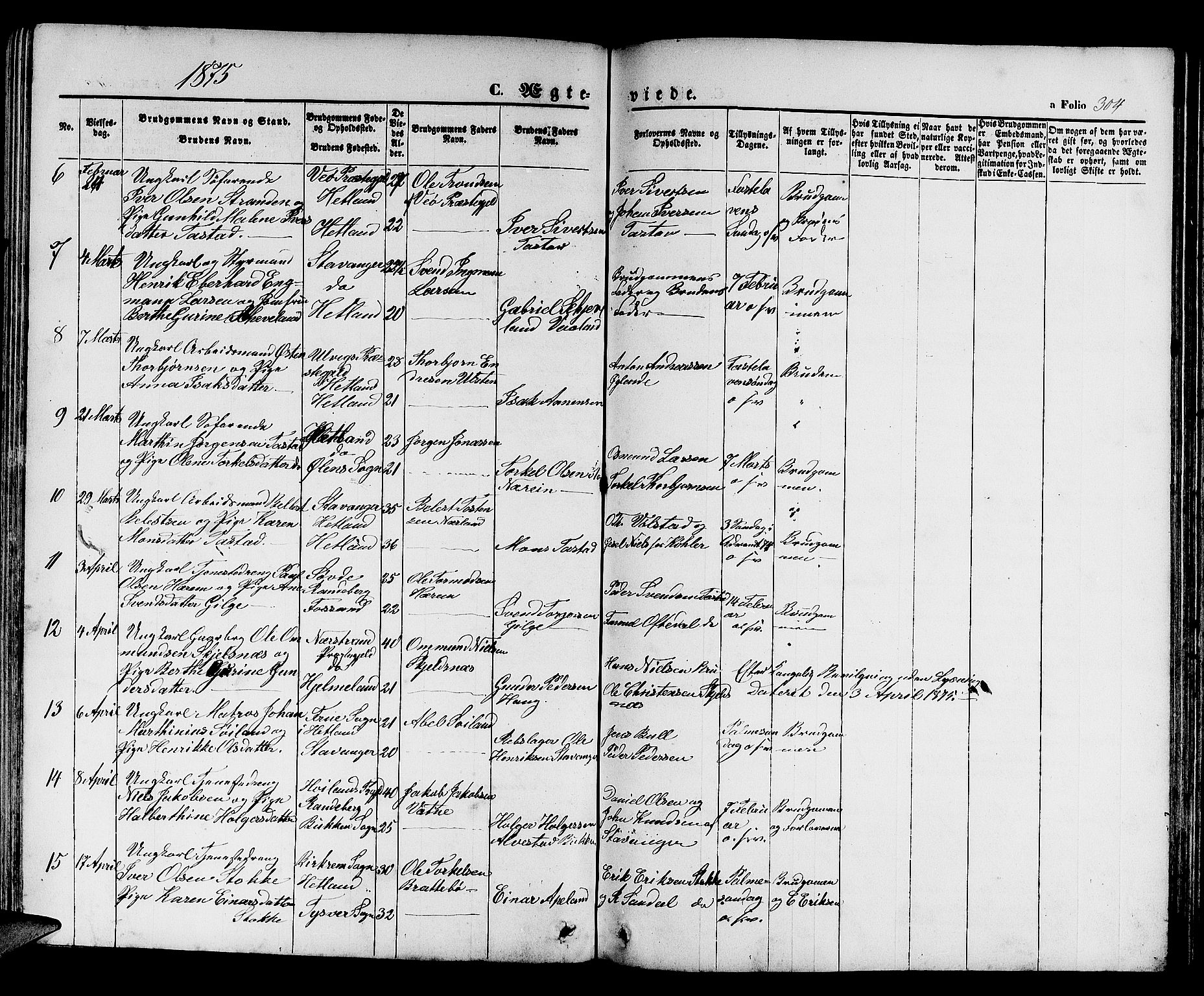 Hetland sokneprestkontor, SAST/A-101826/30/30BB/L0003: Parish register (copy) no. B 3, 1863-1877, p. 304