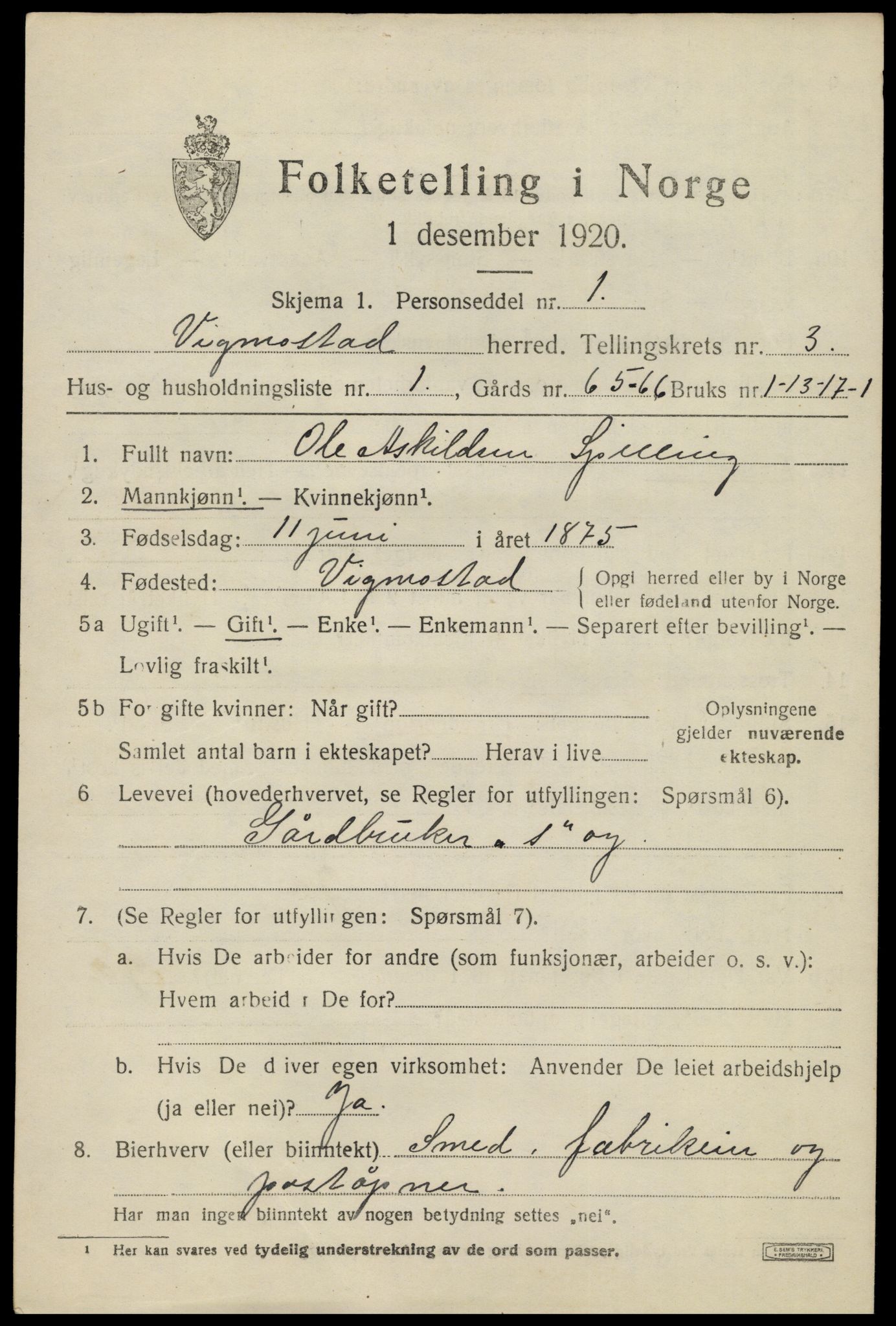 SAK, 1920 census for Vigmostad, 1920, p. 815