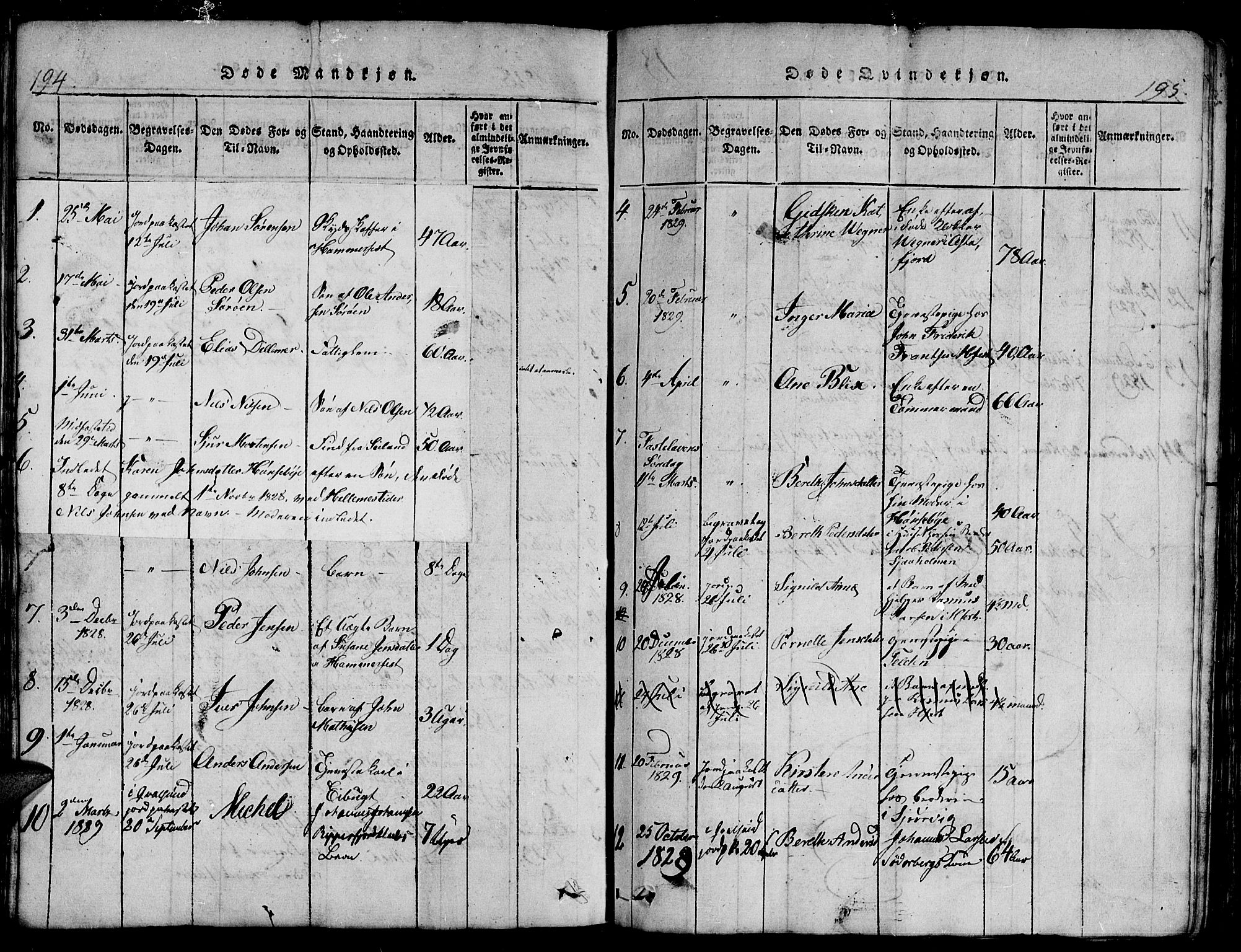Hammerfest sokneprestkontor, SATØ/S-1347/H/Hb/L0001.klokk: Parish register (copy) no. 1, 1822-1850, p. 194-195