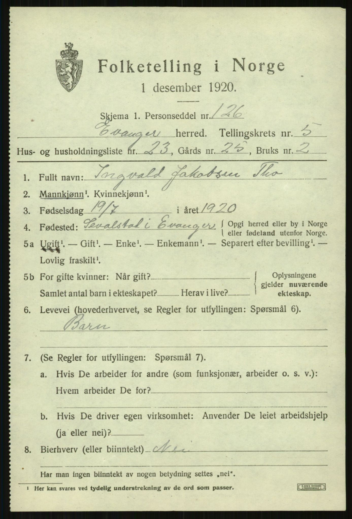 SAB, 1920 census for Evanger, 1920, p. 1907