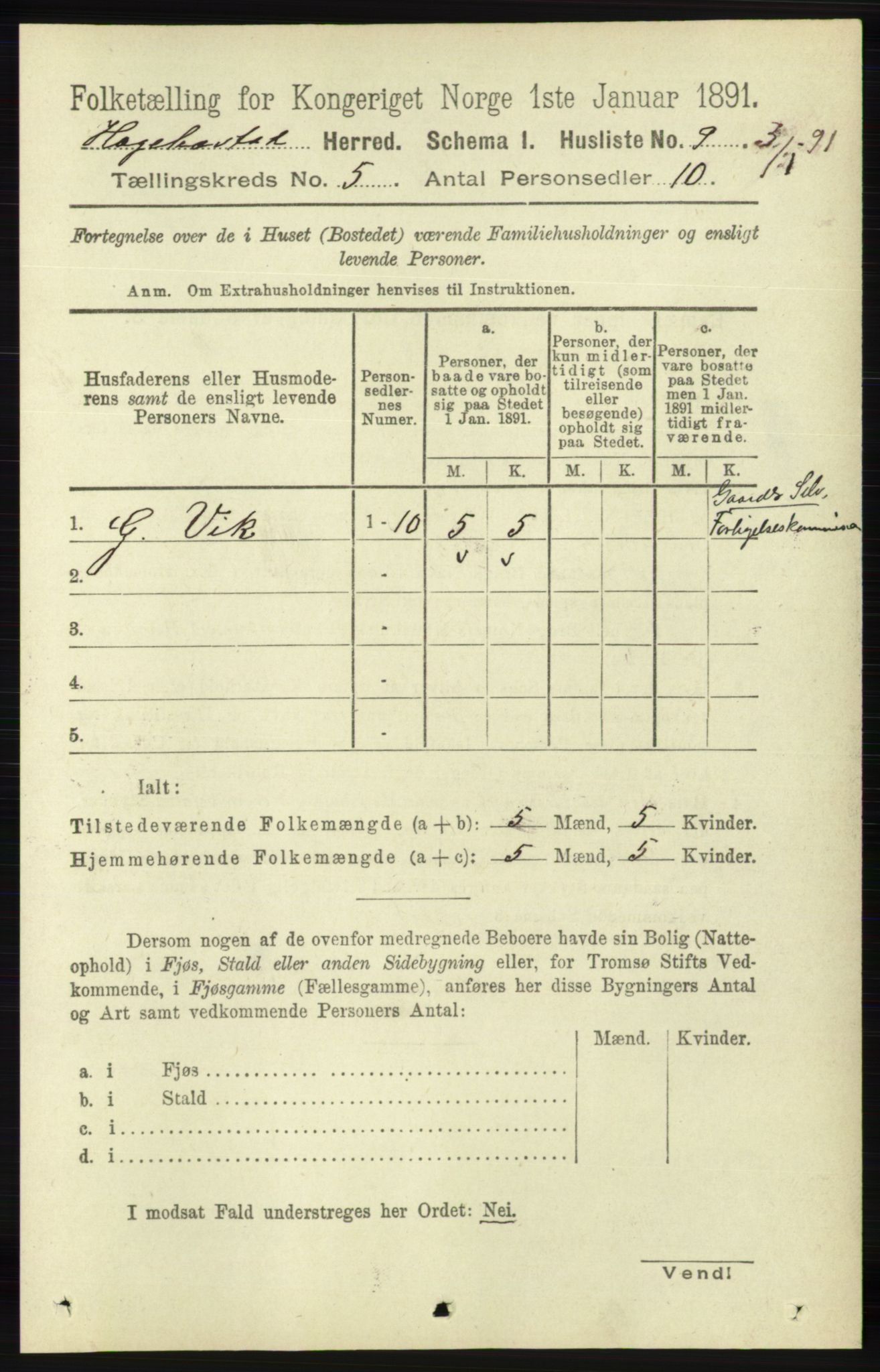 RA, 1891 census for 1034 Hægebostad, 1891, p. 1439