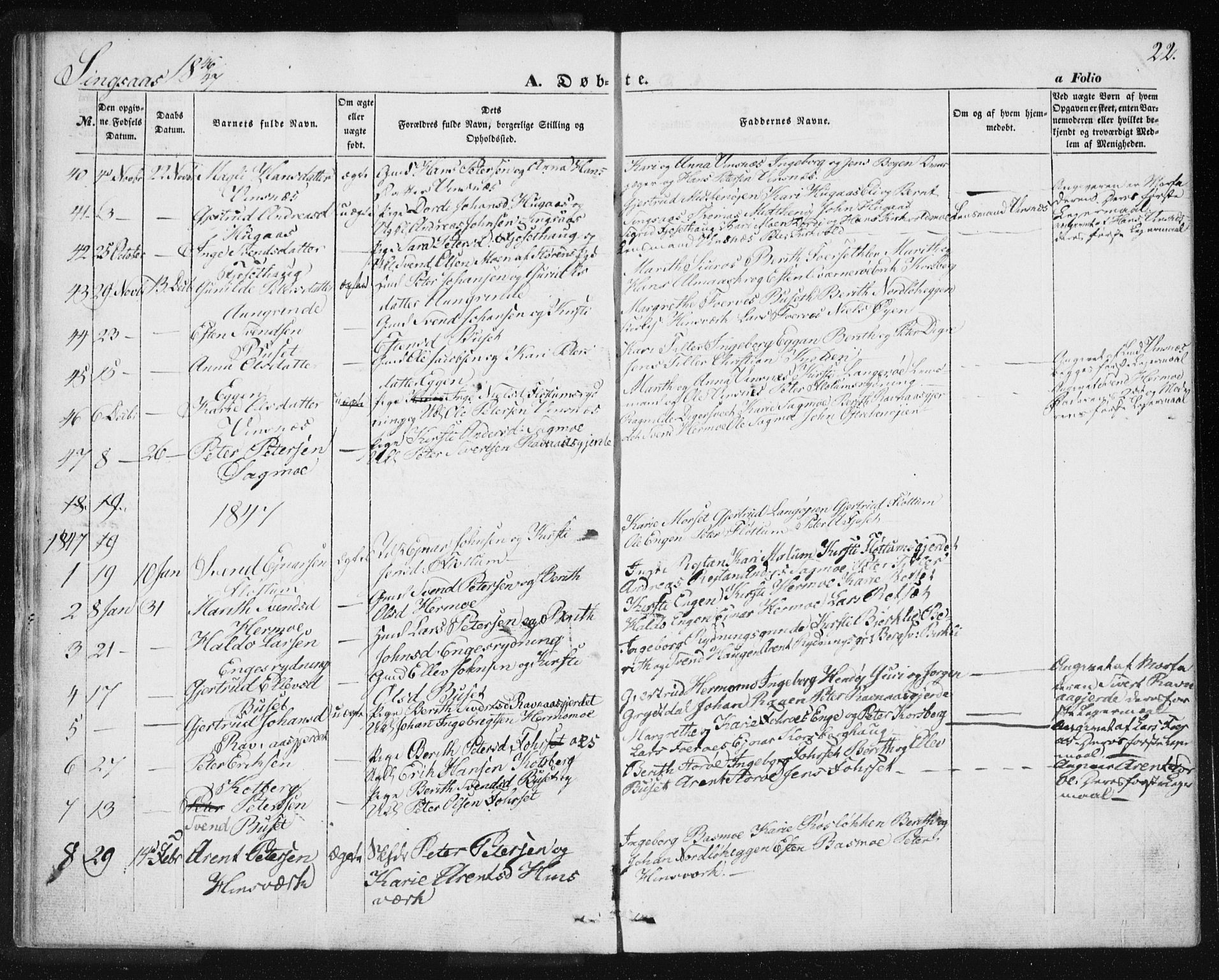 Ministerialprotokoller, klokkerbøker og fødselsregistre - Sør-Trøndelag, SAT/A-1456/685/L0964: Parish register (official) no. 685A06 /2, 1846-1859, p. 22