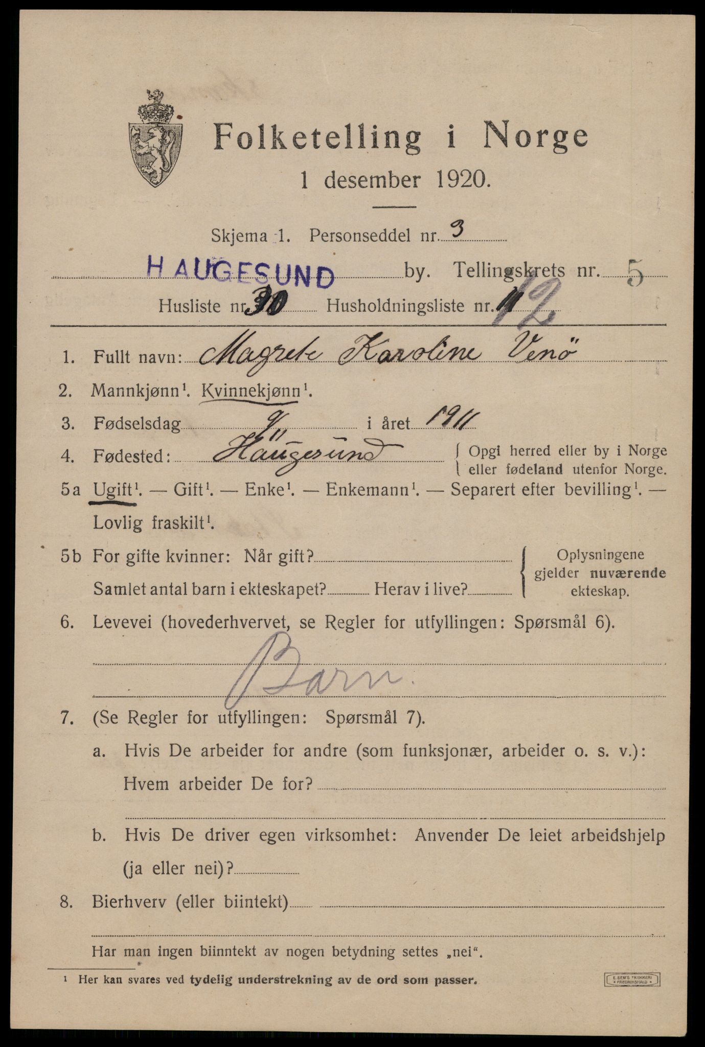 SAST, 1920 census for Haugesund, 1920, p. 18093