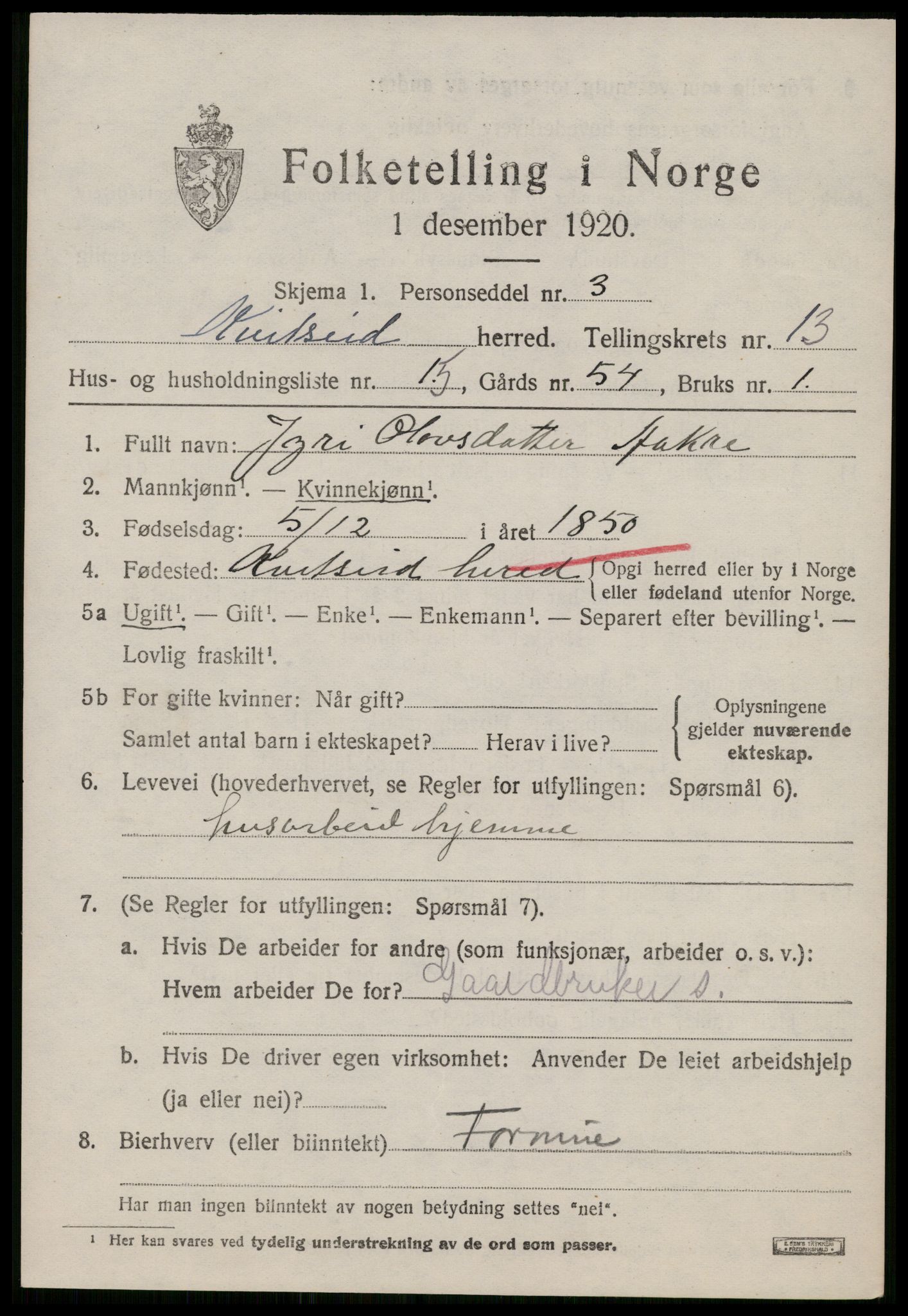 SAKO, 1920 census for Kviteseid, 1920, p. 6299