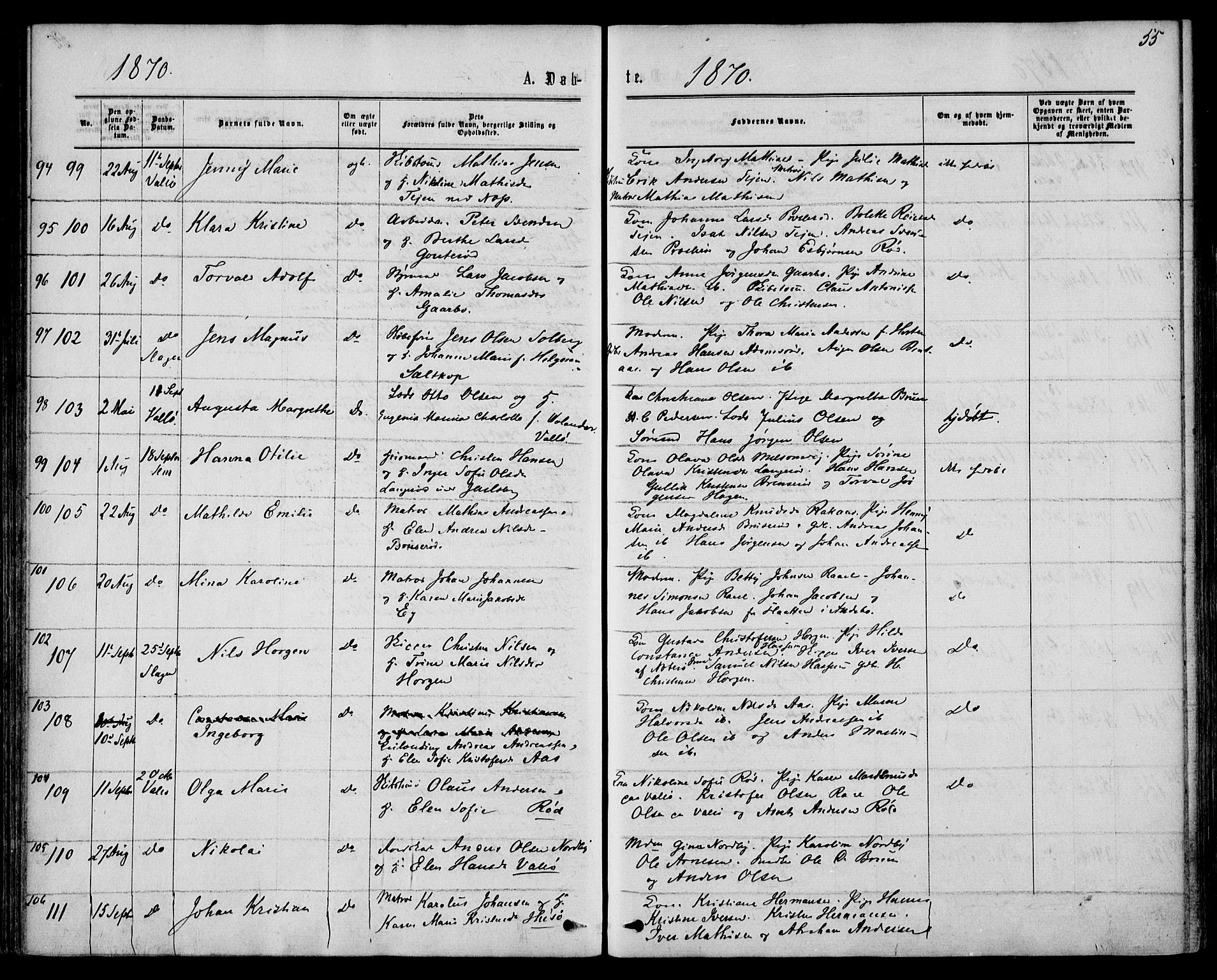 Sem kirkebøker, AV/SAKO-A-5/F/Fa/L0008: Parish register (official) no. I 8, 1866-1873, p. 55