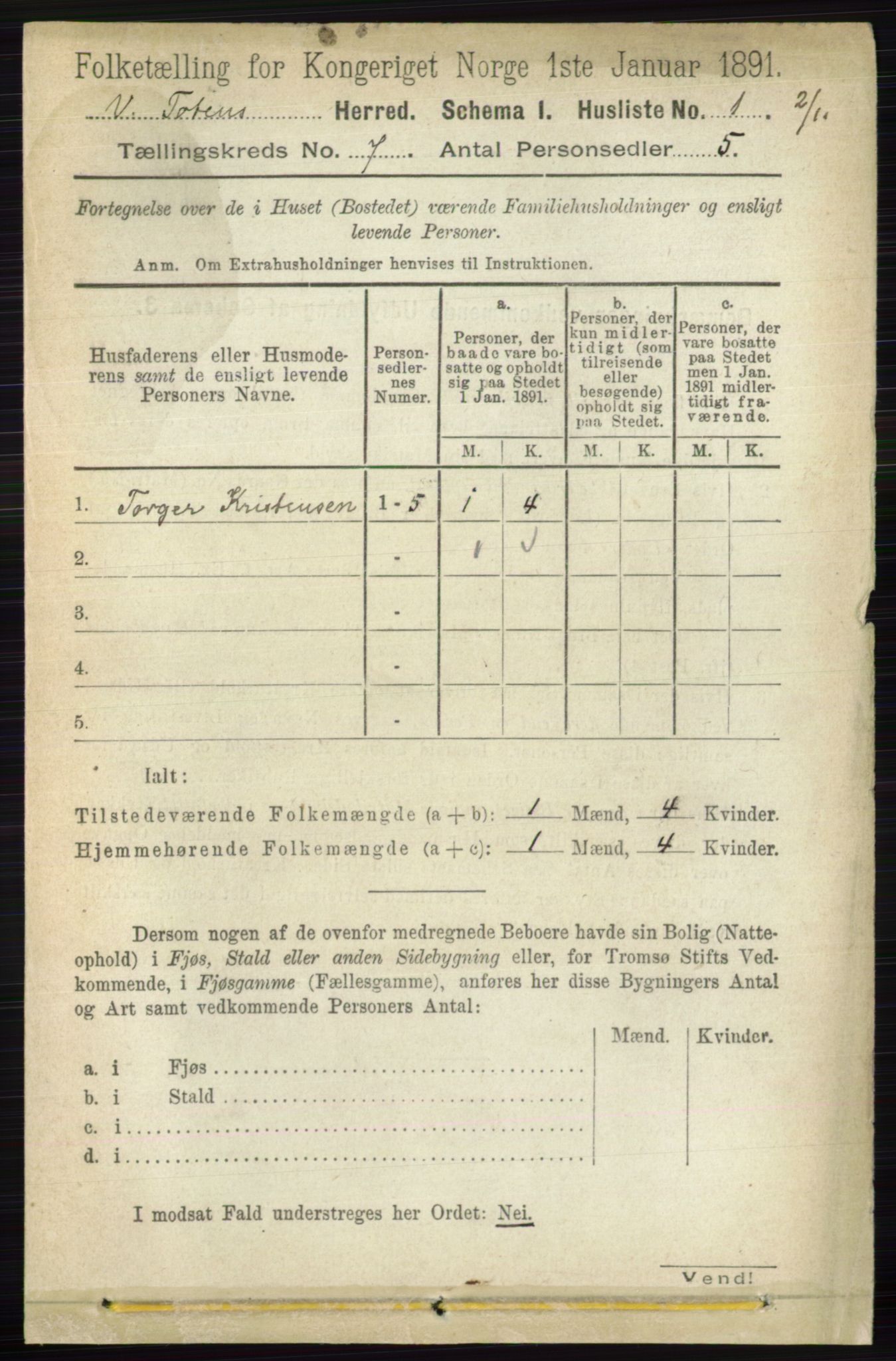 RA, 1891 census for 0529 Vestre Toten, 1891, p. 4279