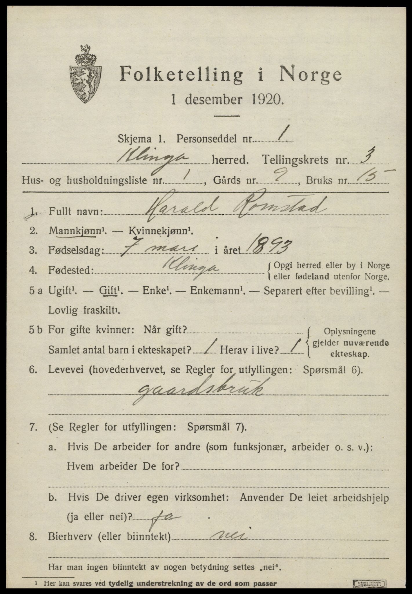 SAT, 1920 census for Klinga, 1920, p. 2069